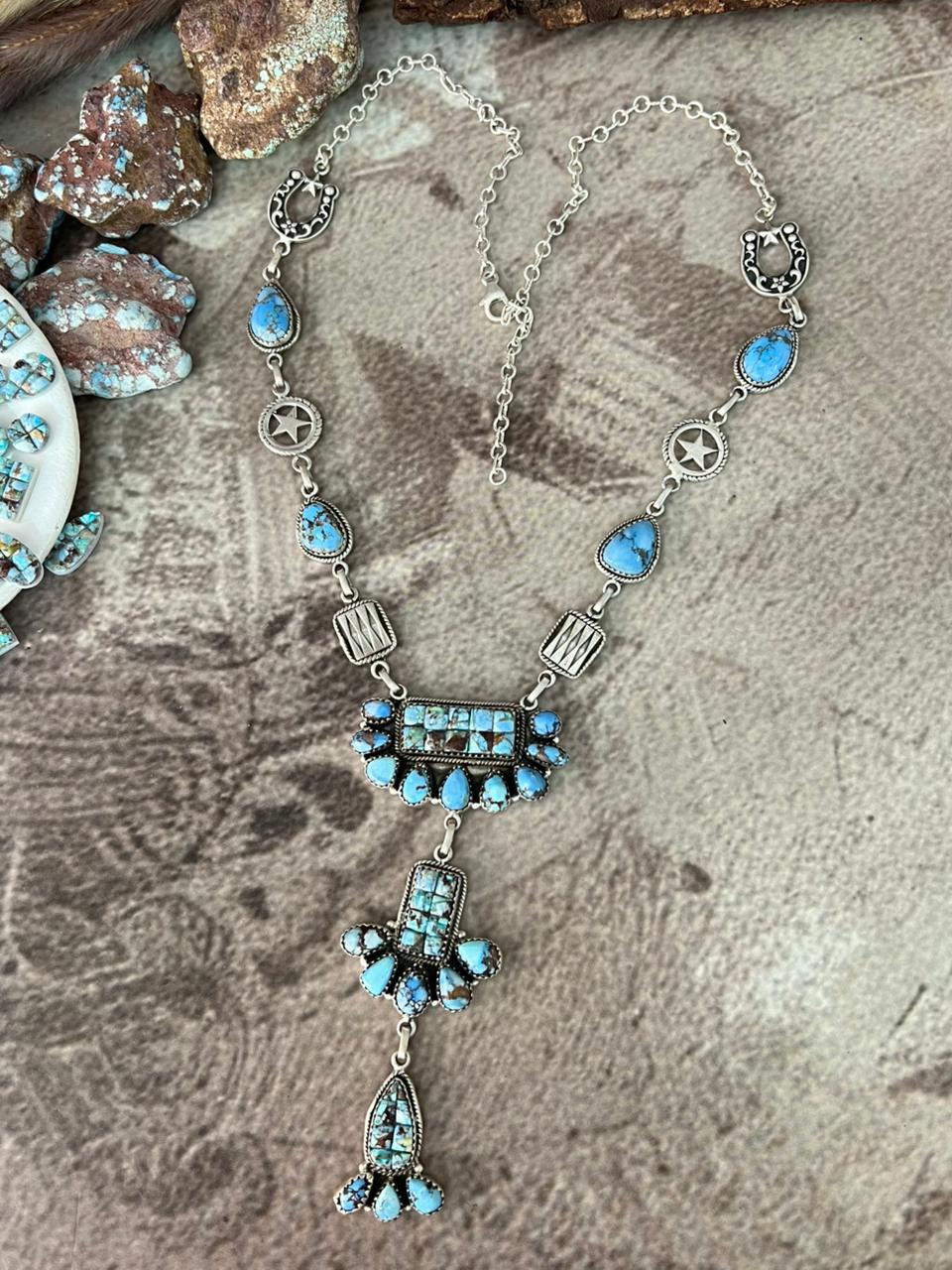 Handmade Sterling Silver 'Golden Hills Turquoise Cobble Collection' Necklace "Signed Nizhoni"