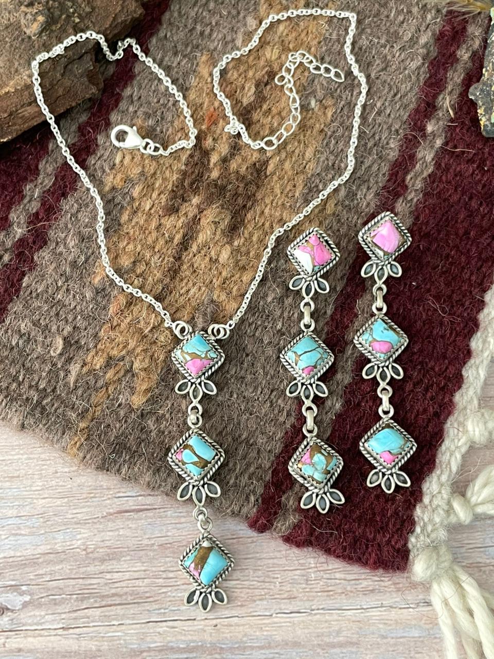 Handmade Sterling Silver Cotton Candy Necklace Earrings Set "Signed Nizhoni"