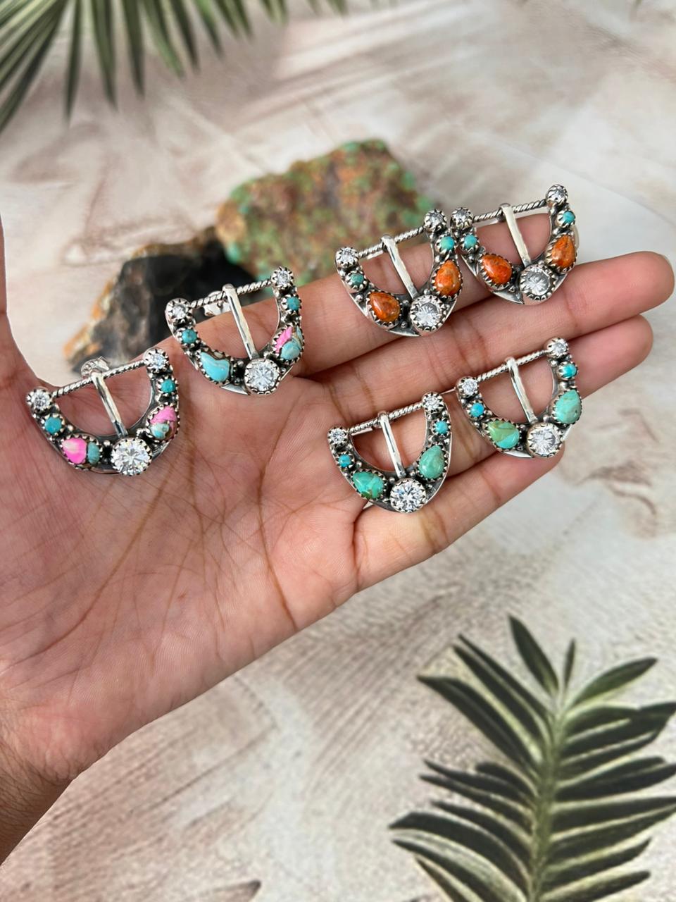 Handmade Sterling Silver Multi Stone Post Studs Earrings "Signed Nizhoni"