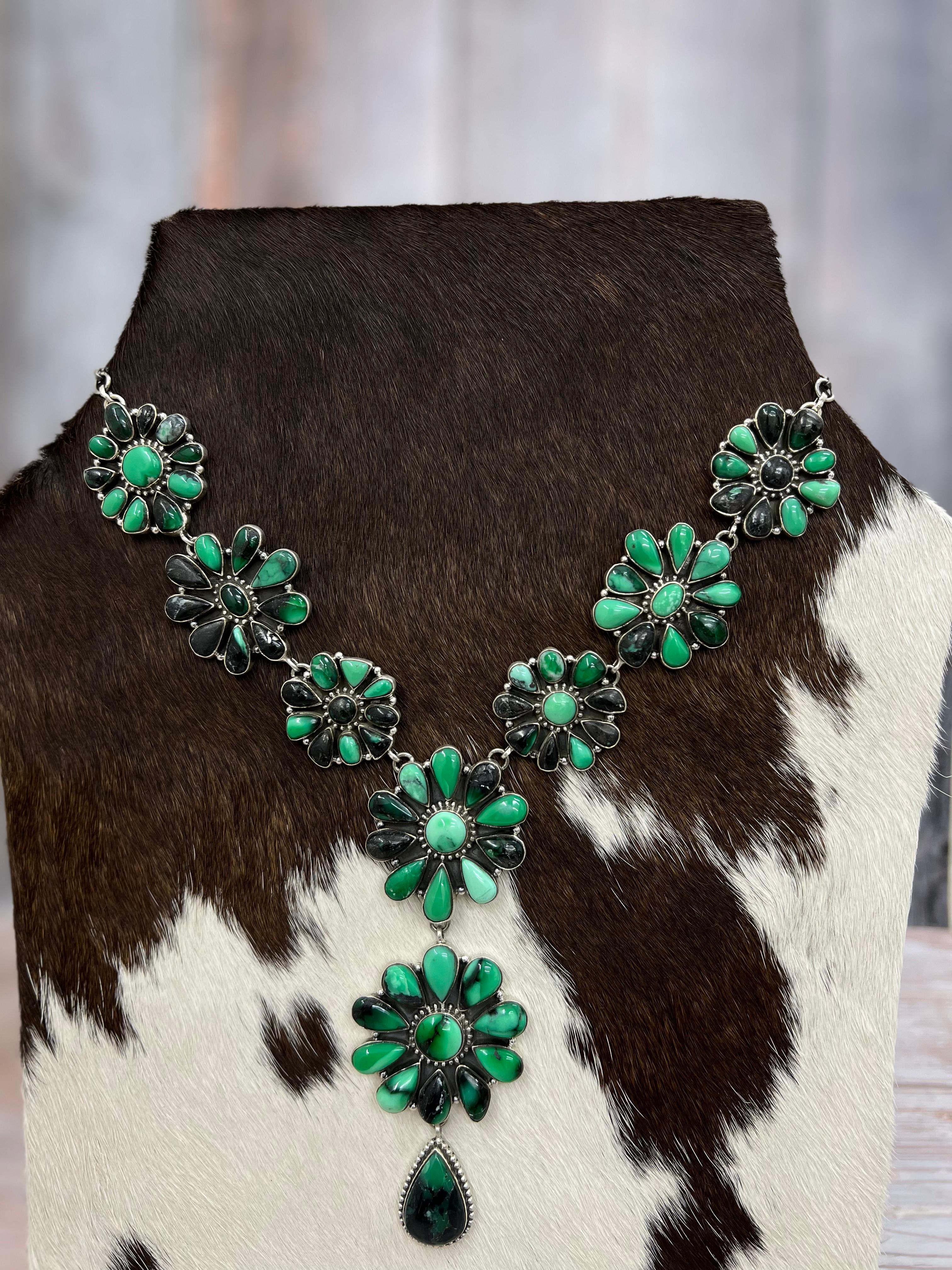 Handmade Sterling Silver Emerald Rose Necklace with Signed Nizhoni