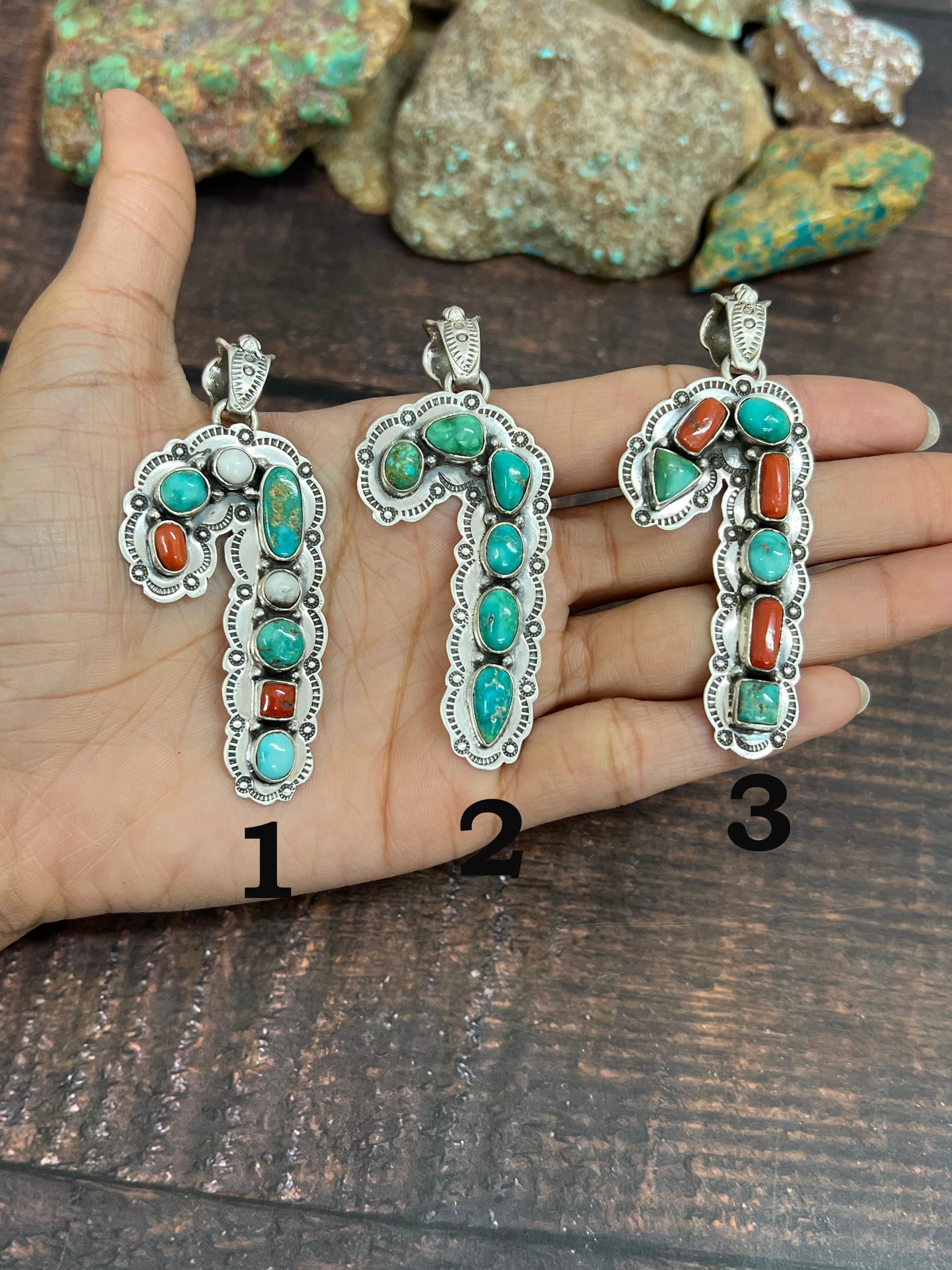 Handmade Sterling Silver Multi Stones Candy Cane Pendant, Signed Nizhoni