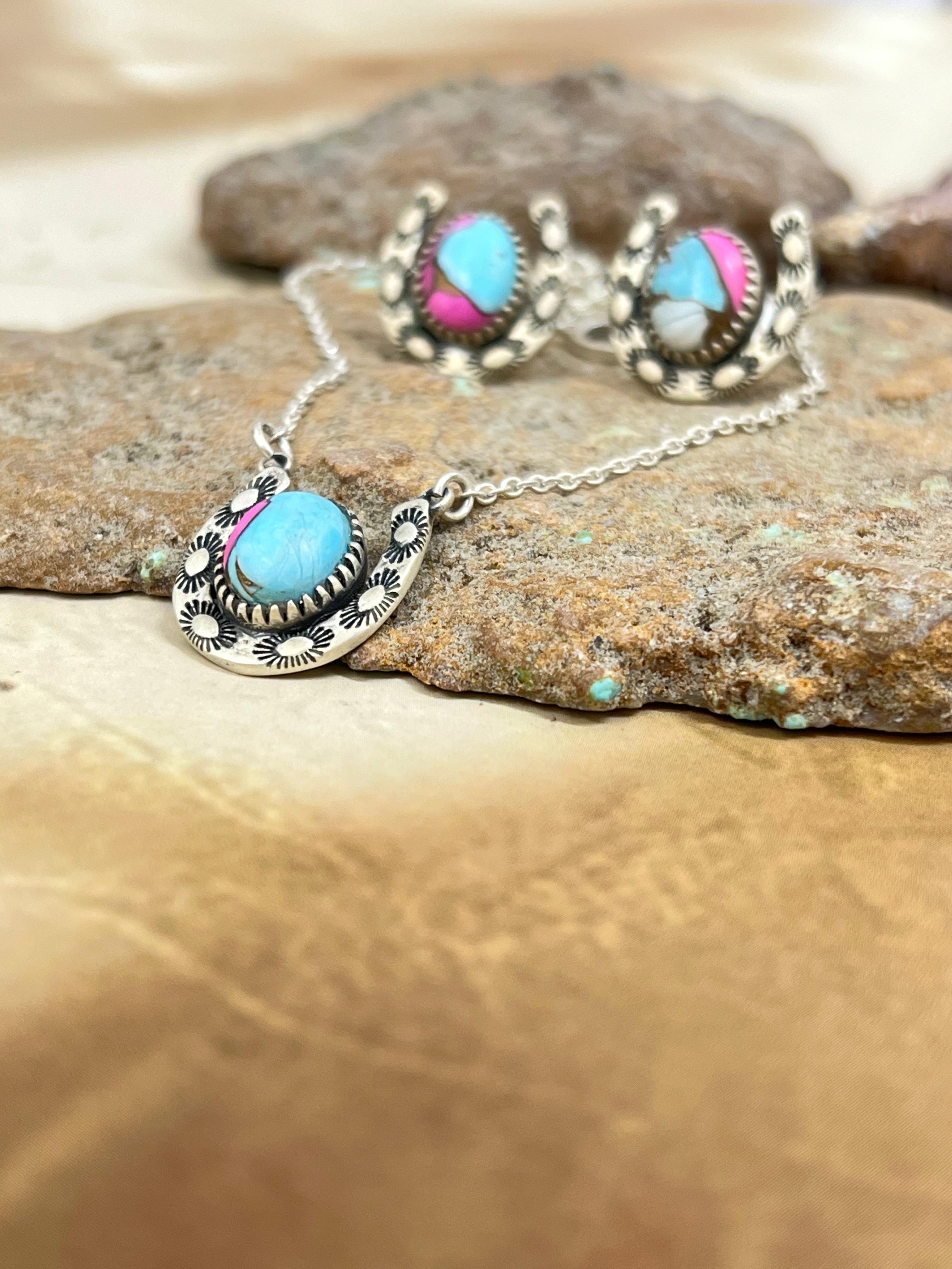Handmade Sterling Silver Cotton Candy Turquoise Necklace Earrings Set, Signed Nizhoni