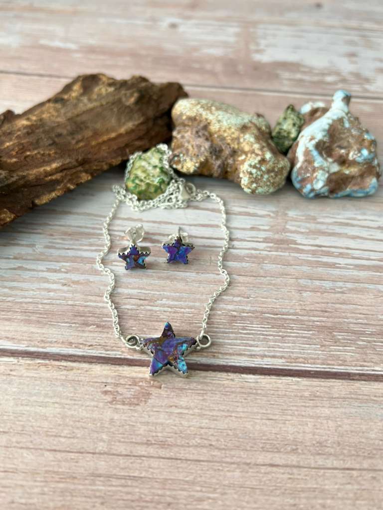 Handmade Sterling Silver Purple Dream Mojave Necklace Earrings Set with Signed Nizhoni