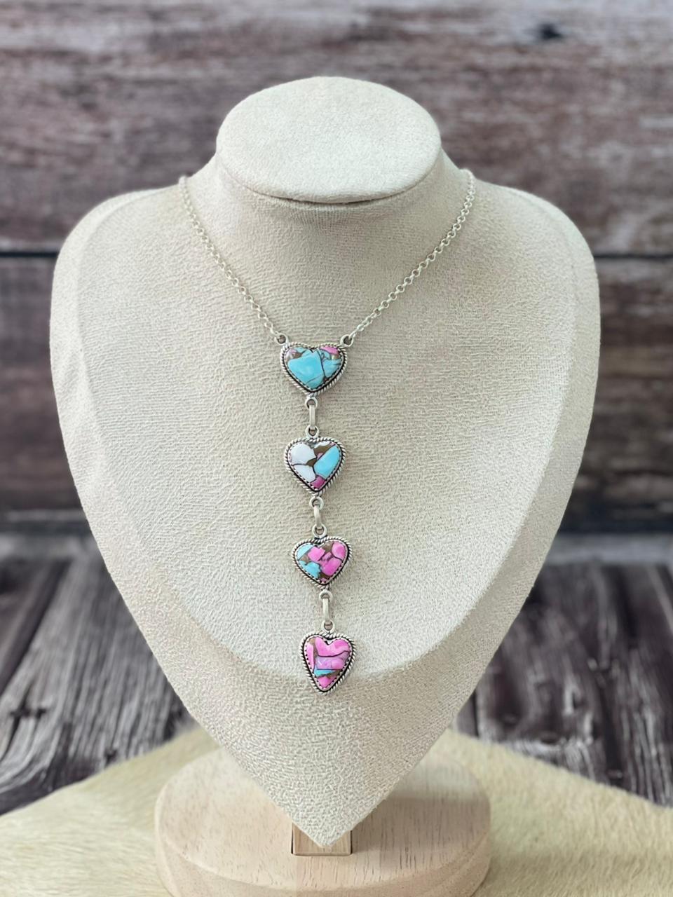 Handmade Sterling Silver Cotton Candy Heart Drop Necklace "Signed Nizhoni"
