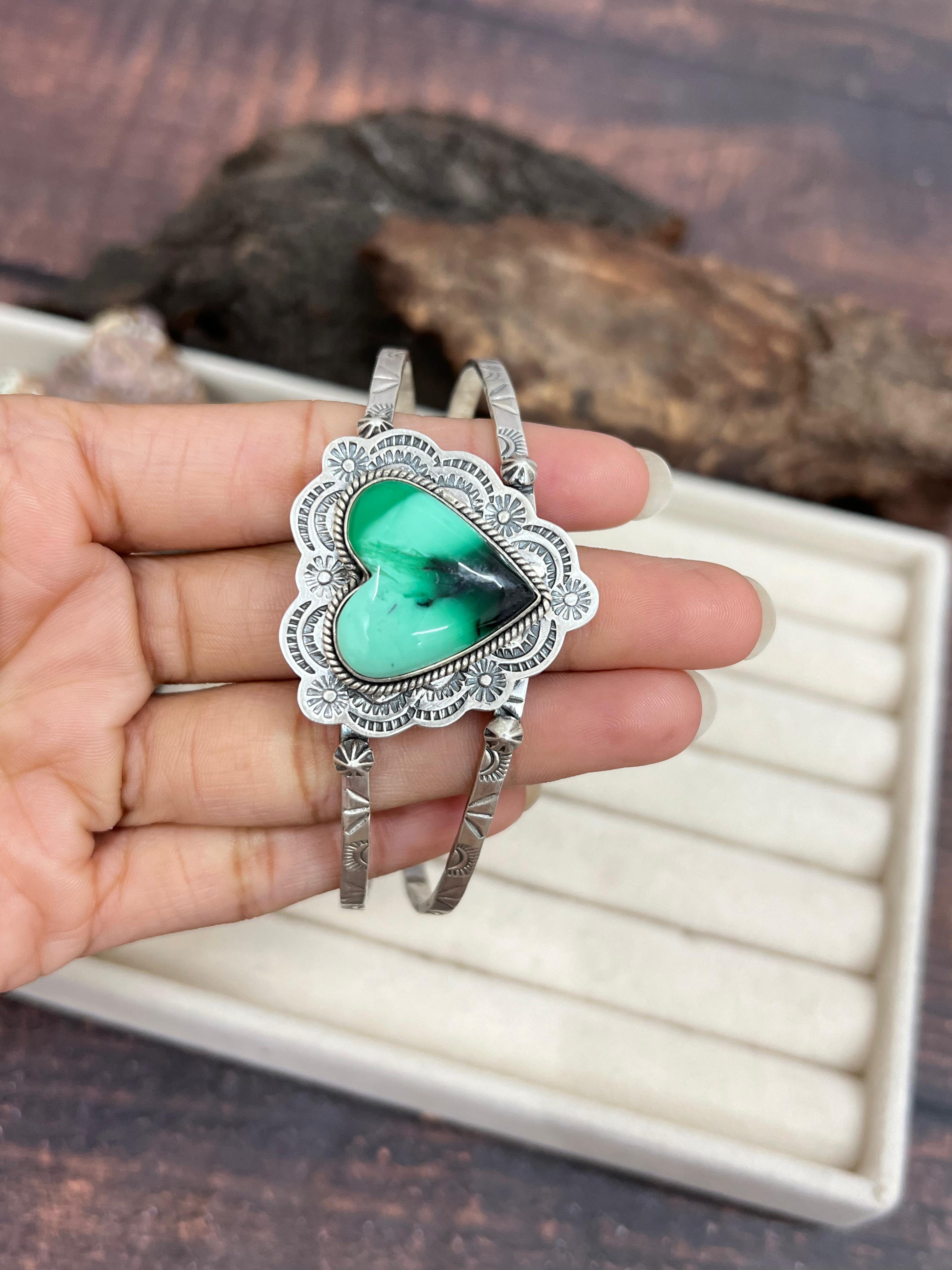 Handmade Sterling Silver Emerald Rose Cuff Bracelet with Signed Nizhoni