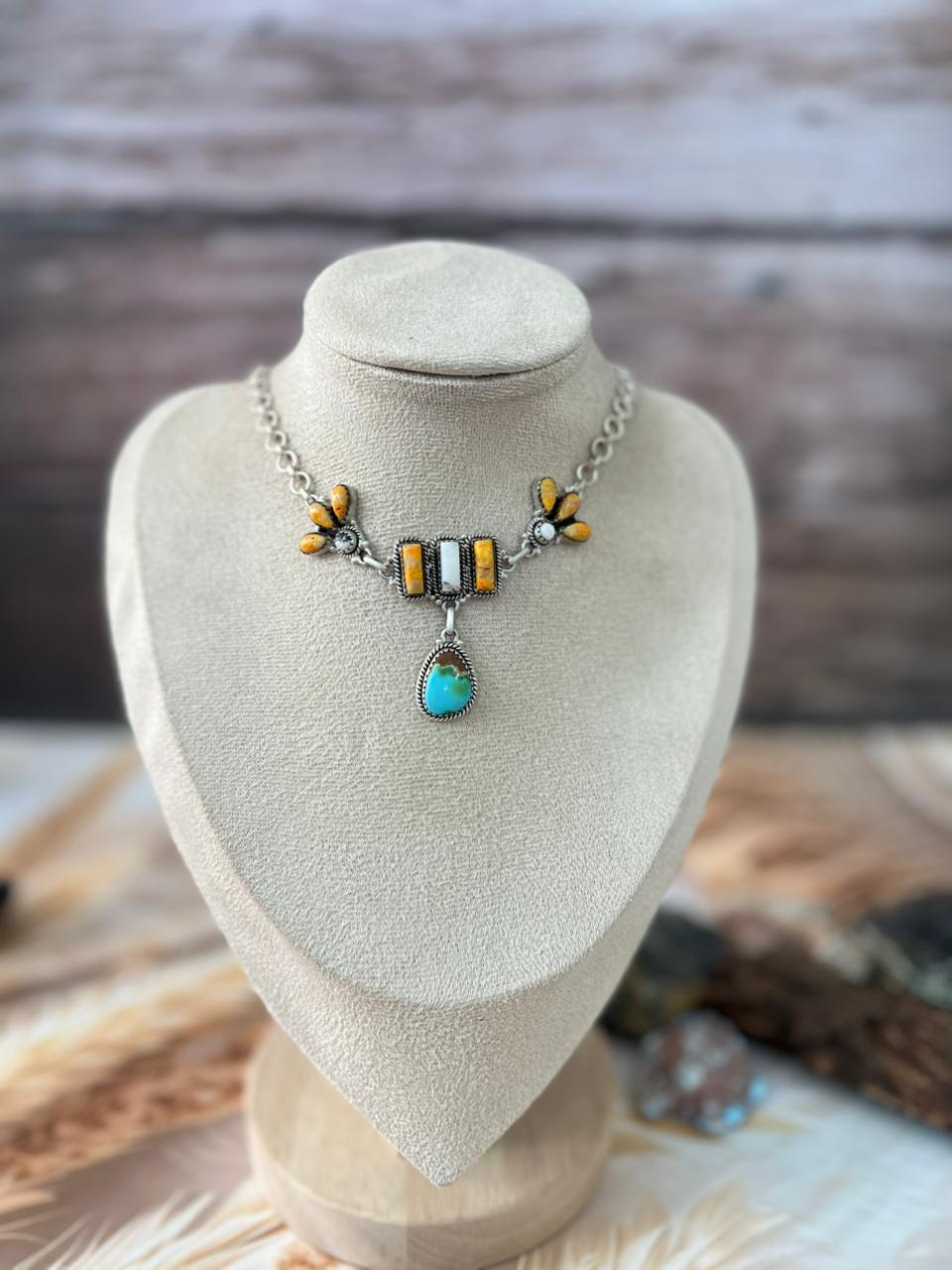Handmade Sterling Silver Spring Collection: White Buffalo with Bumblebee & Sonoran Mountain Turquoise Necklace "Signed Nizhoni"
