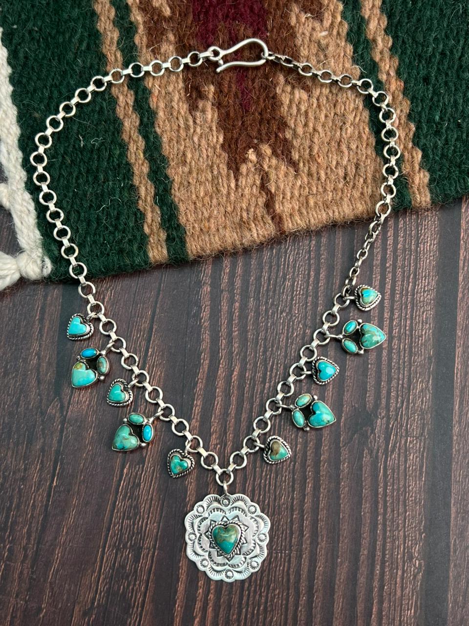 "Heart Collection" Handmade Sterling Silver Kingman Turquoise Necklace "Signed Nizhoni"