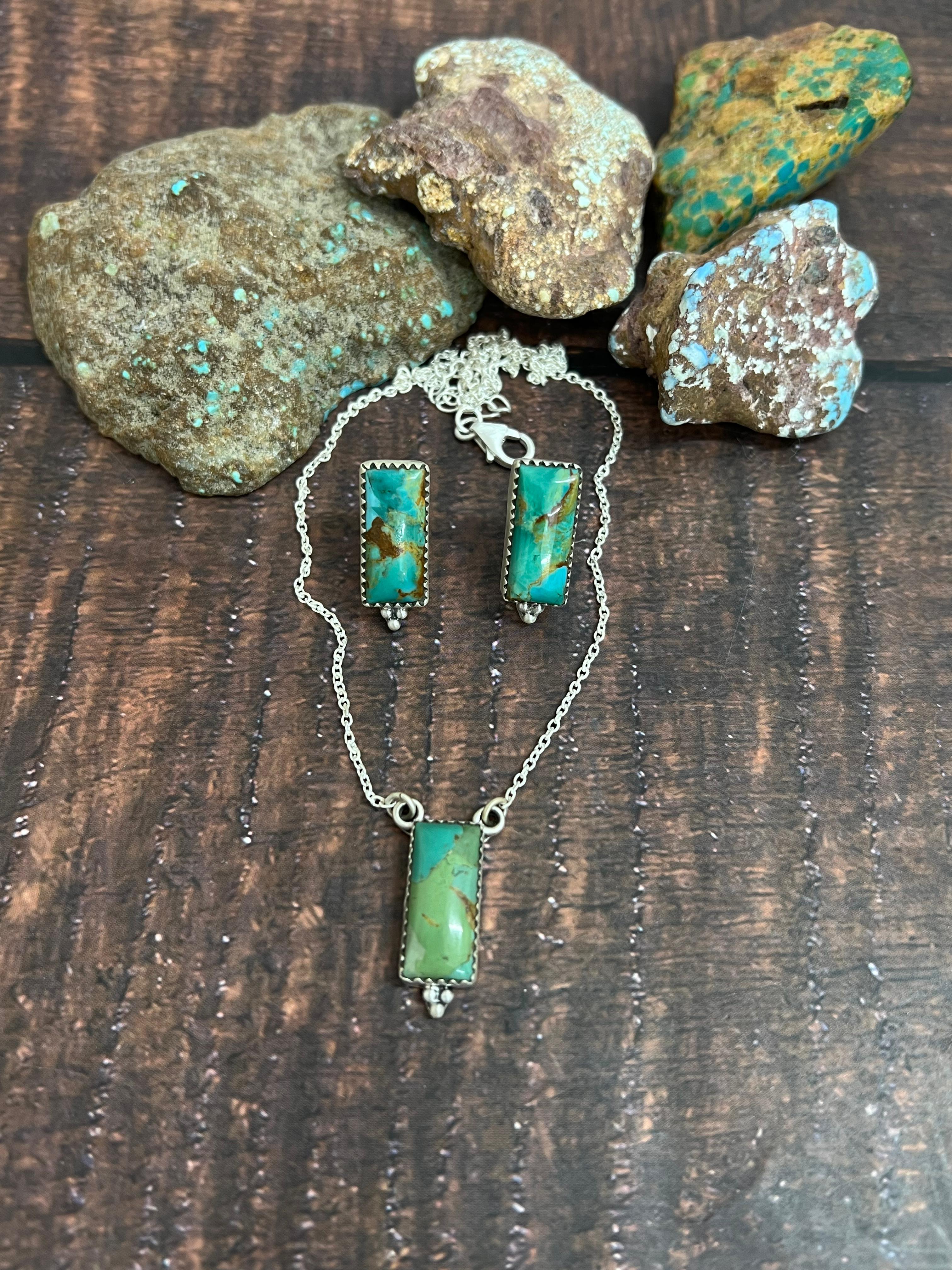 Handmade Sterling Silver Kingman Turquoise Necklace Earrings Set with Signed Nizhoni