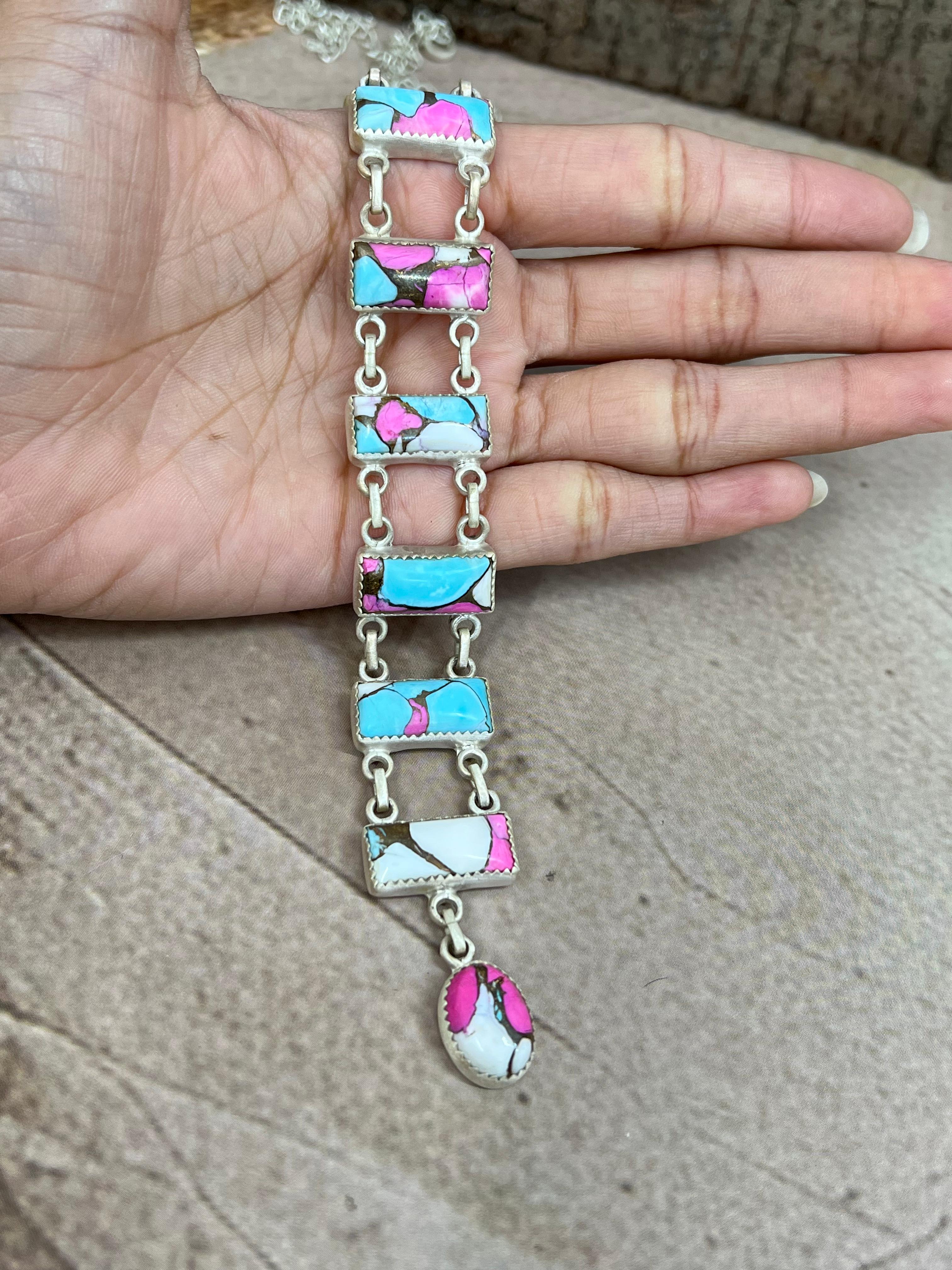 Handmade Sterling Silver Cotton Candy Turquoise Stairs Necklace with Signed Nizhoni