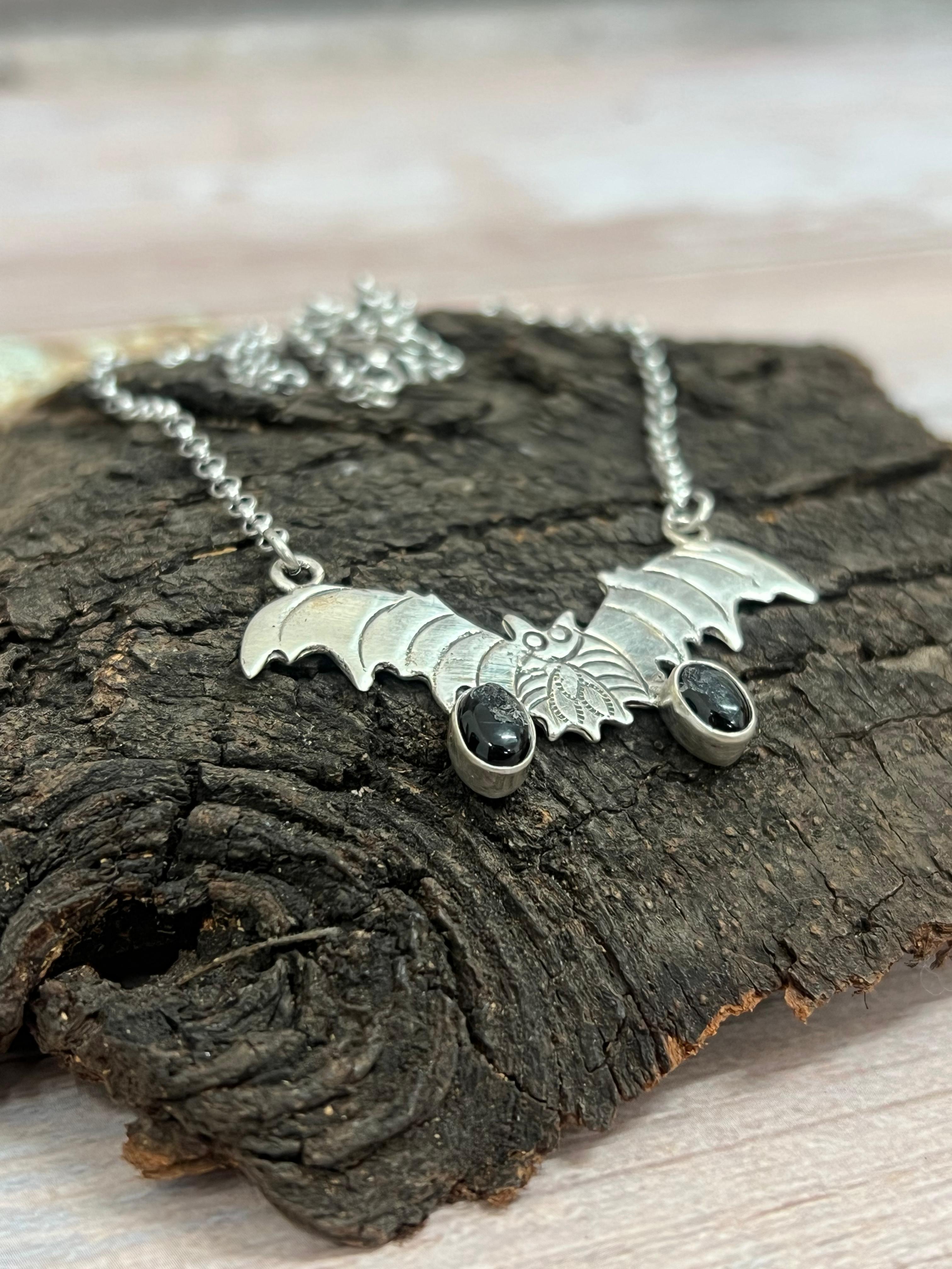 "Halloween Collection" Handmade Sterling Silver Black Onyx Bat Necklace with Signed Nizhoni