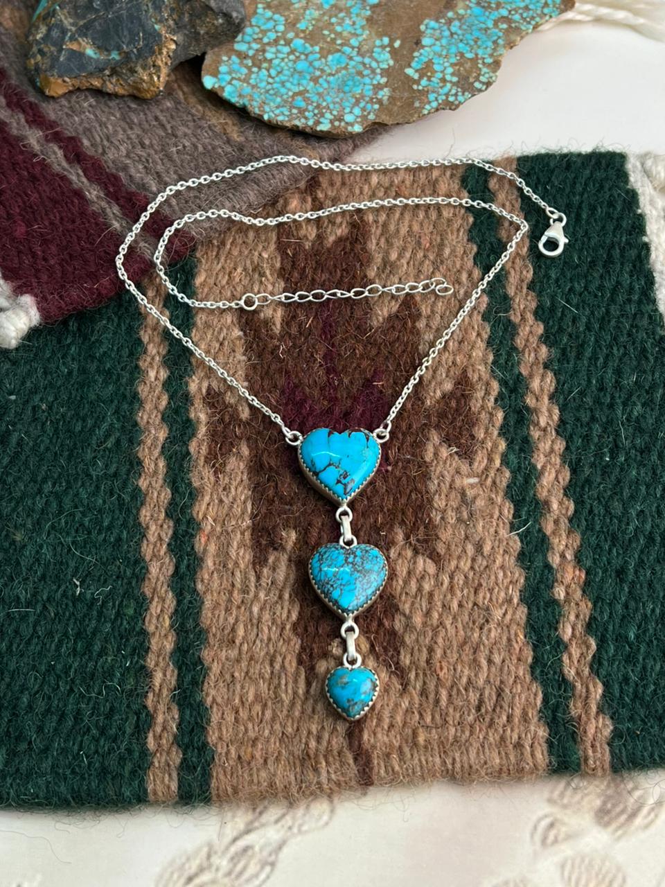 Handmade Sterling Silver Blue Matrix Heart Drop Necklace "Signed Nizhoni"