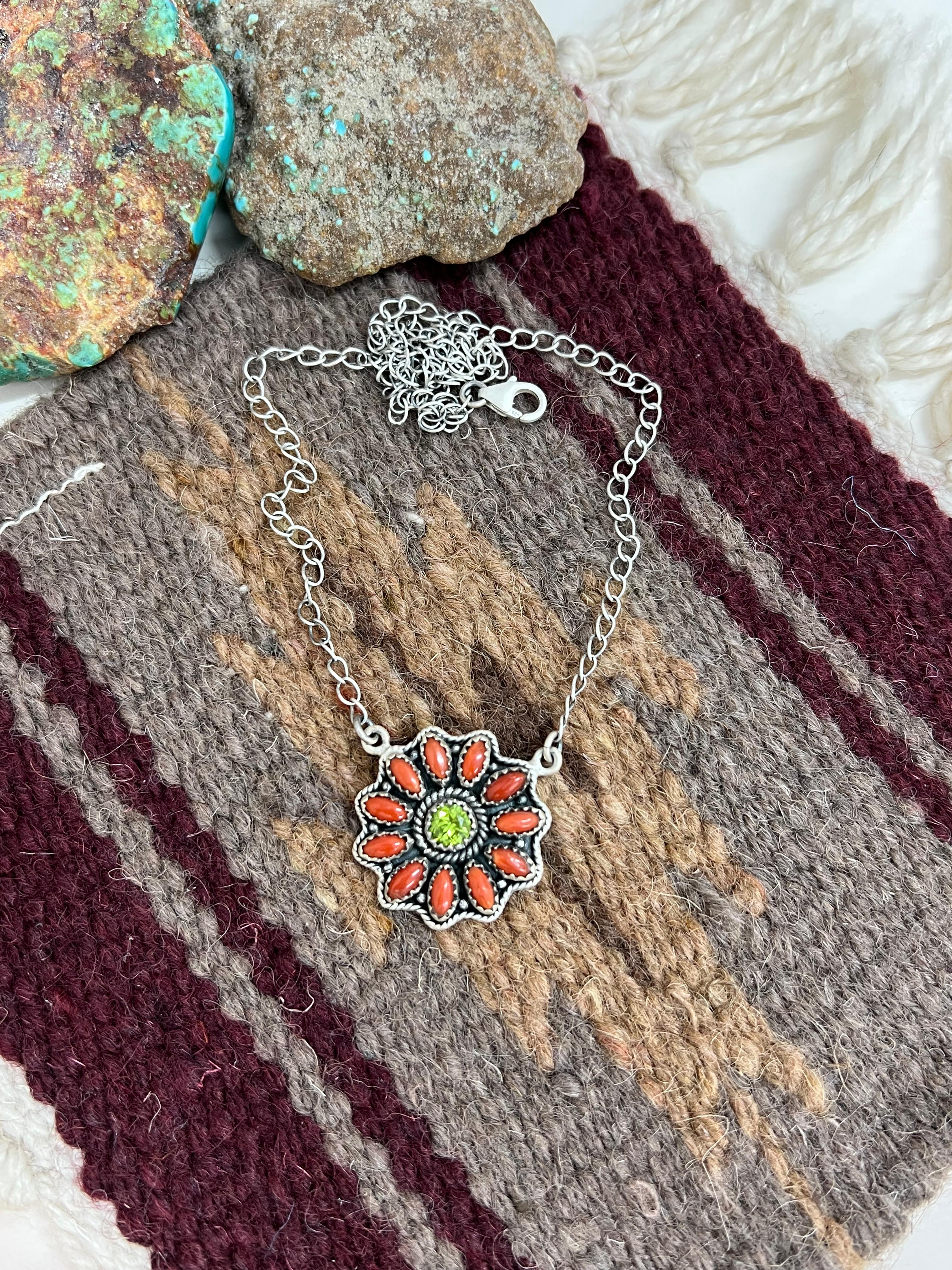 Christmas Collection Handmade Sterling Silver Coral with Peridot Necklace with Signed Nizhoni