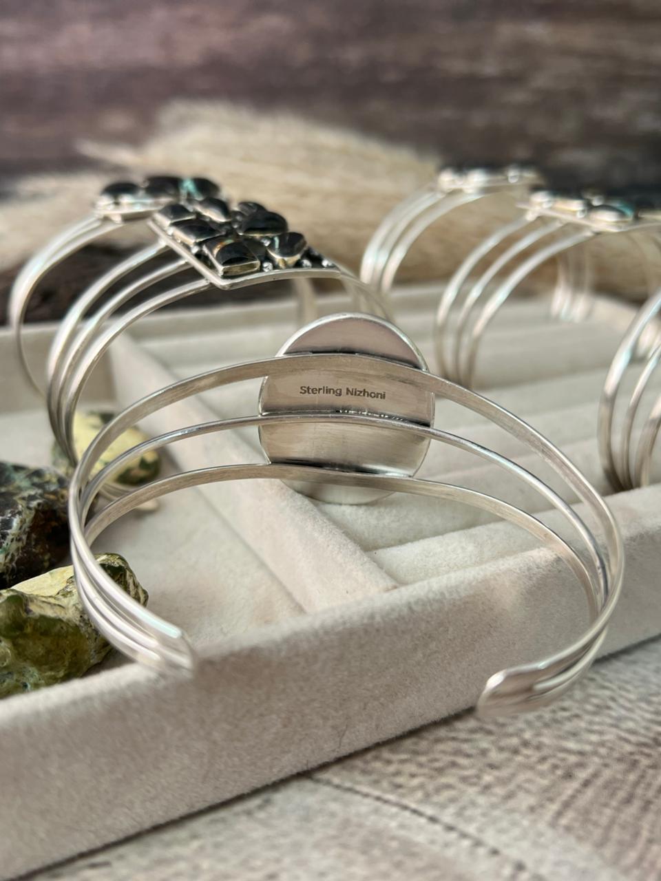 Handmade Sterling Silver Blackjack Turquoise Cuff Bracelet "Signed Nizhoni"