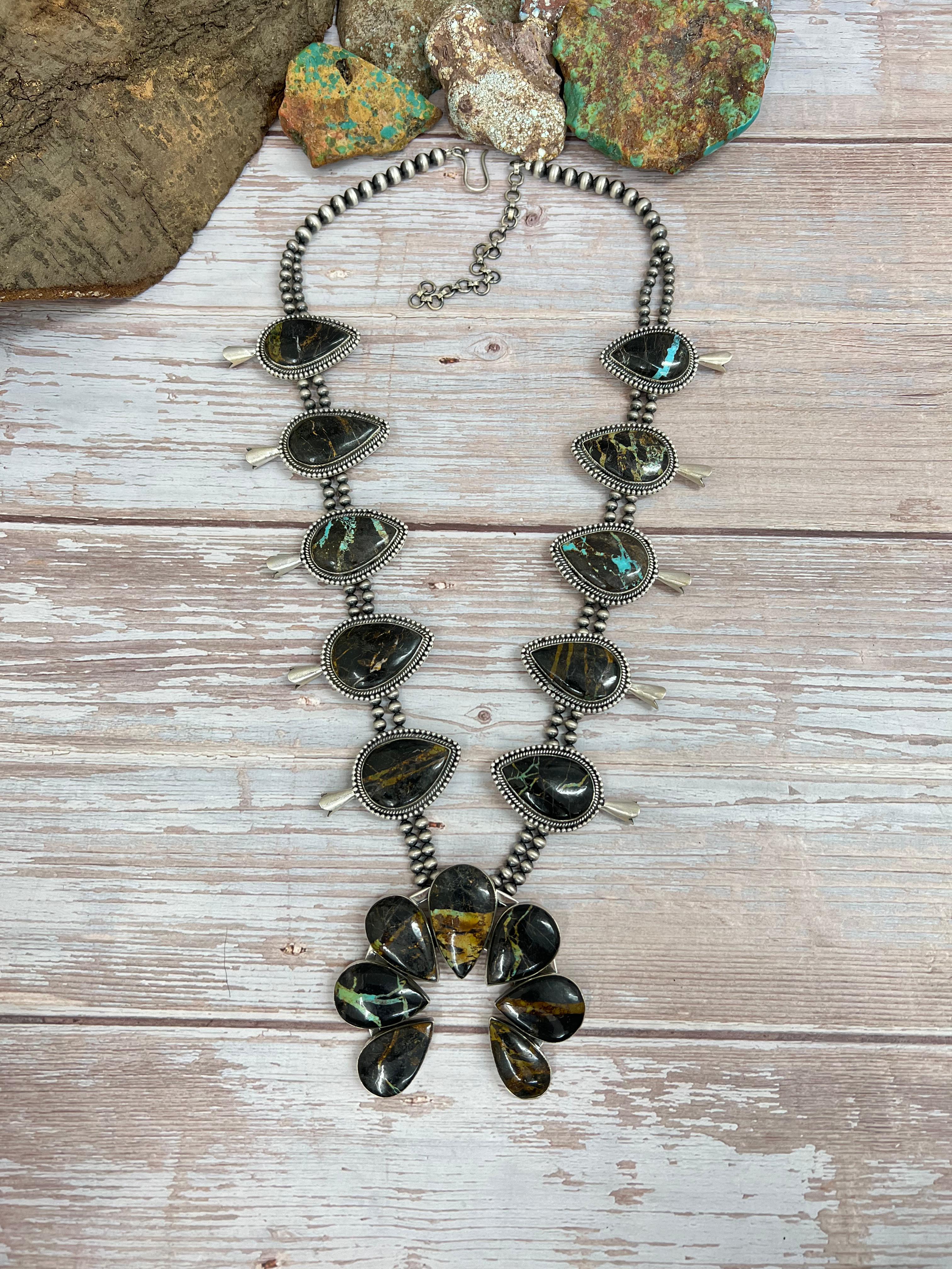 Handmade Sterling Silver Black Jack Beaded Squash Blossom Necklace wit