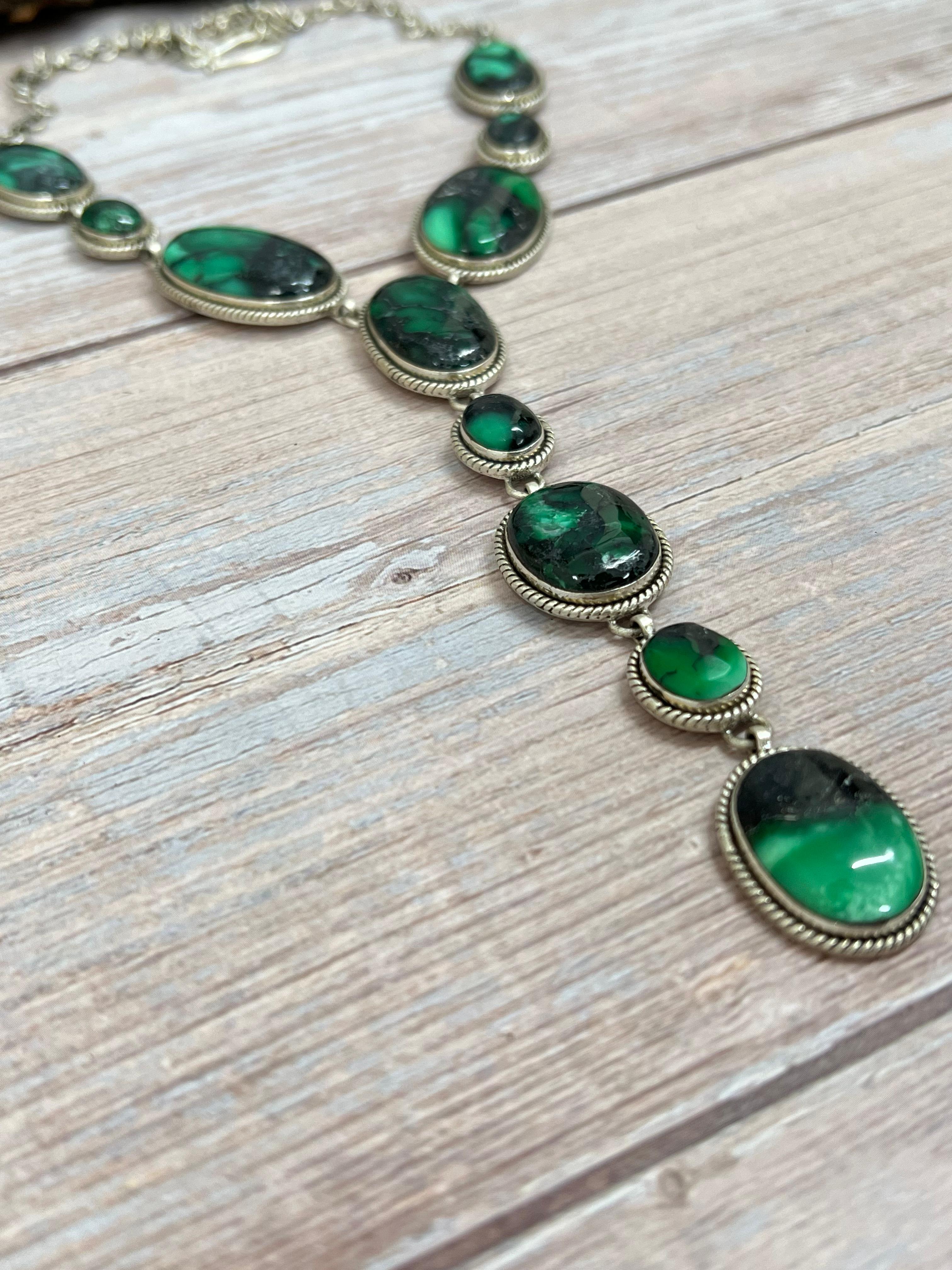 Handmade Sterling Silver Emerald Rose Necklace with Signed Nizhoni