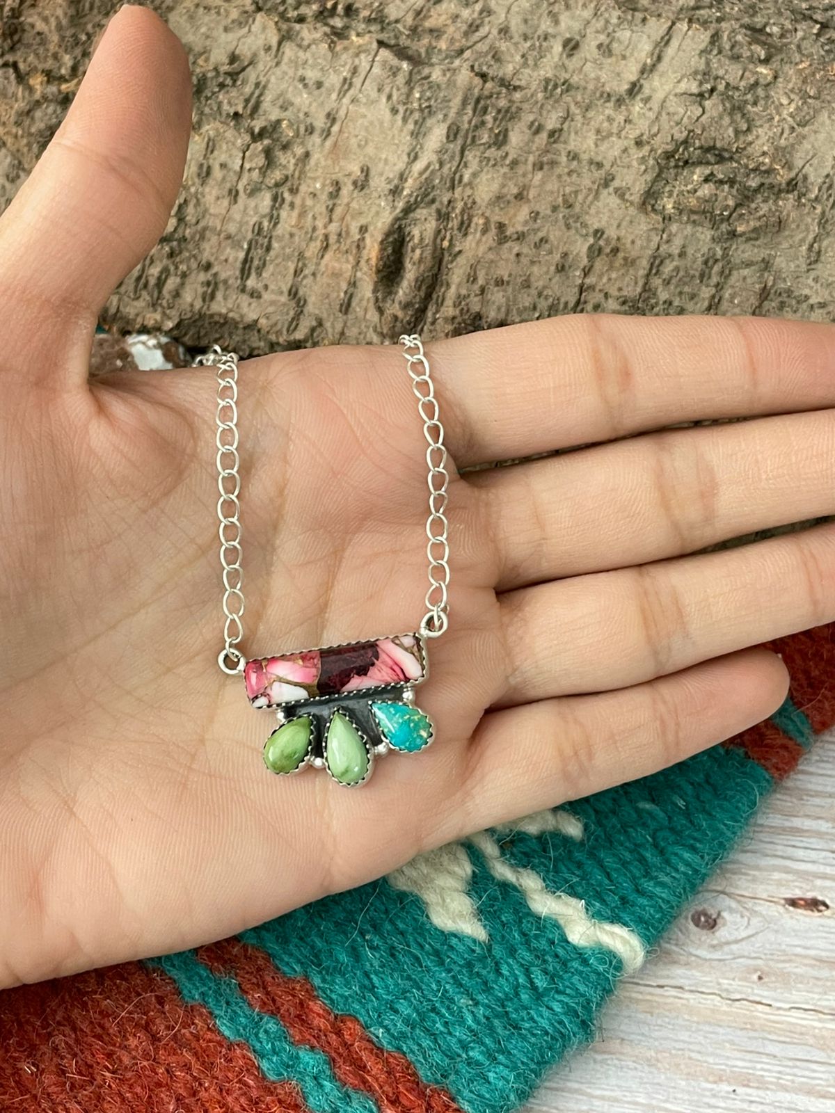 Handmade Sterling Silver Dahlia Rose with Emerald Valley Turquoise Necklace "Signed Nizhoni"