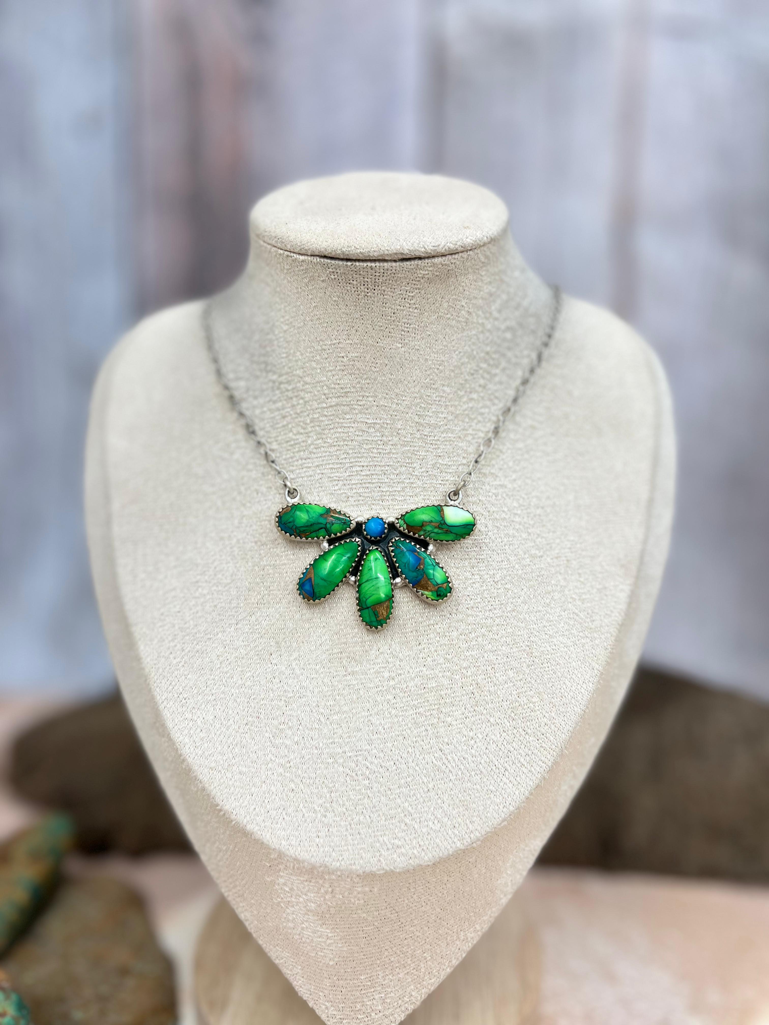 Handmade Sterling Silver Peacock Dahlia Necklace with Signed Nizhoni