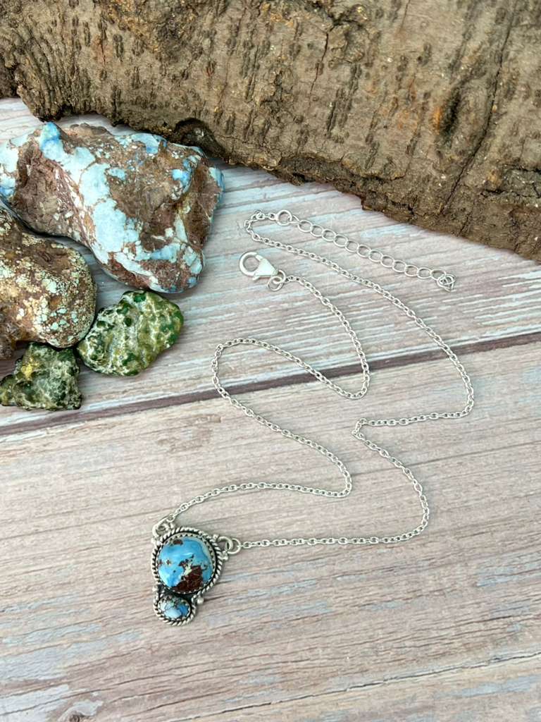 Handmade Sterling Silver Golden Hills Turquoise Necklace with Signed Nizhoni