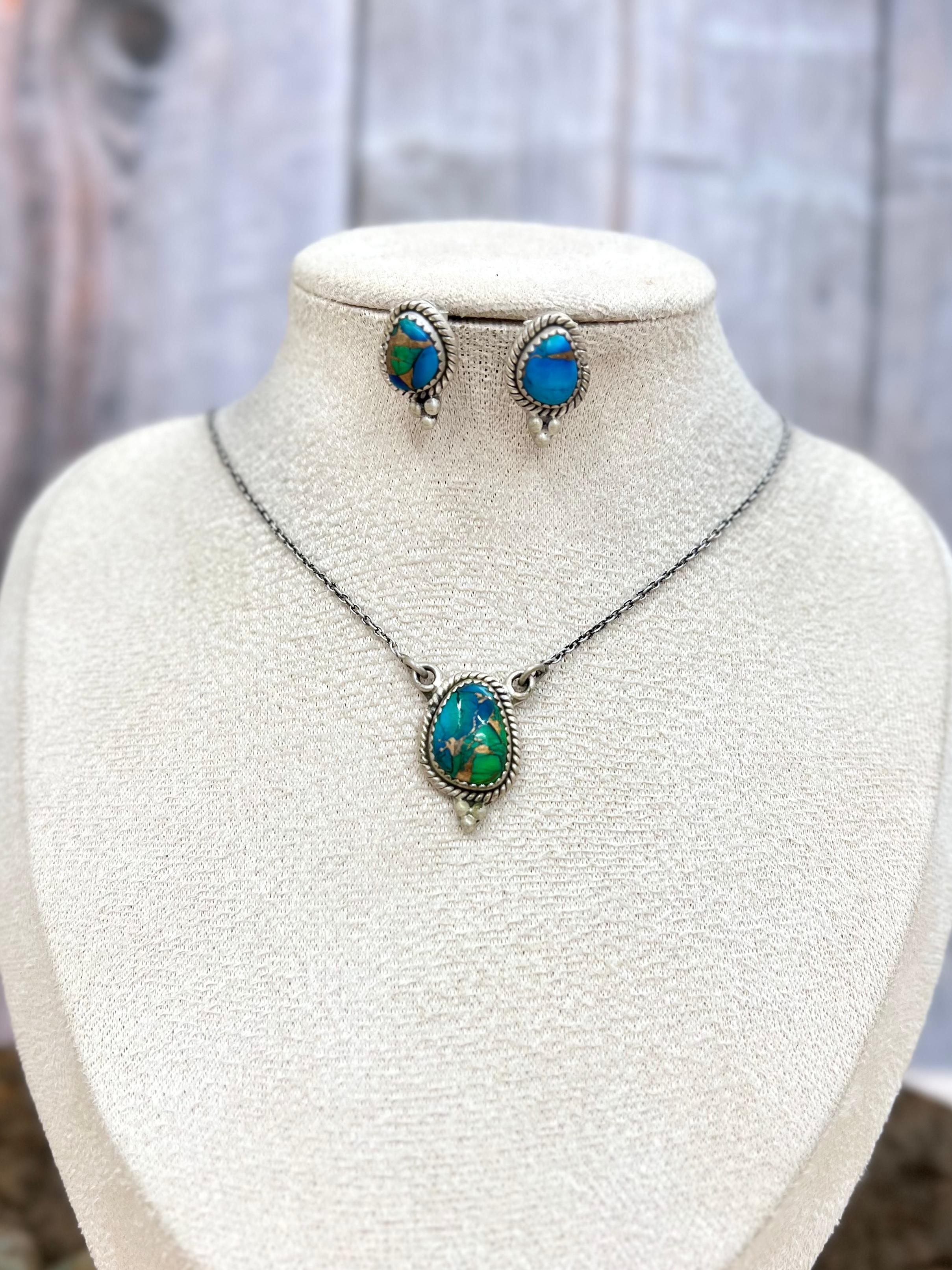 Handmade Sterling Silver Peacock Dahlia Necklace Earrings Set with Signed Nizhoni