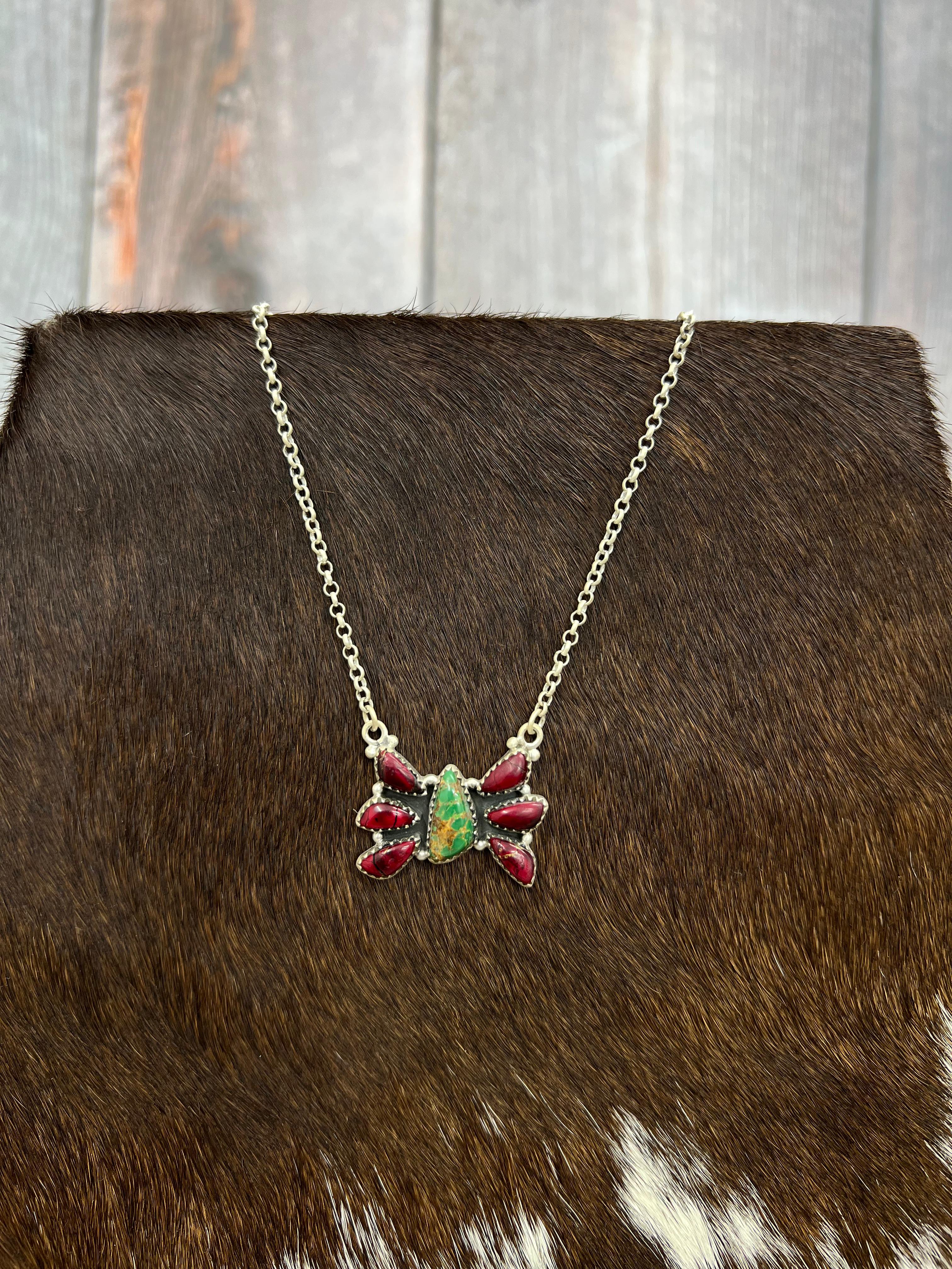 Handmade Sterling Silver Dahlia Rose with Emerald Valley Butterfly Necklace with Signed Nizhoni