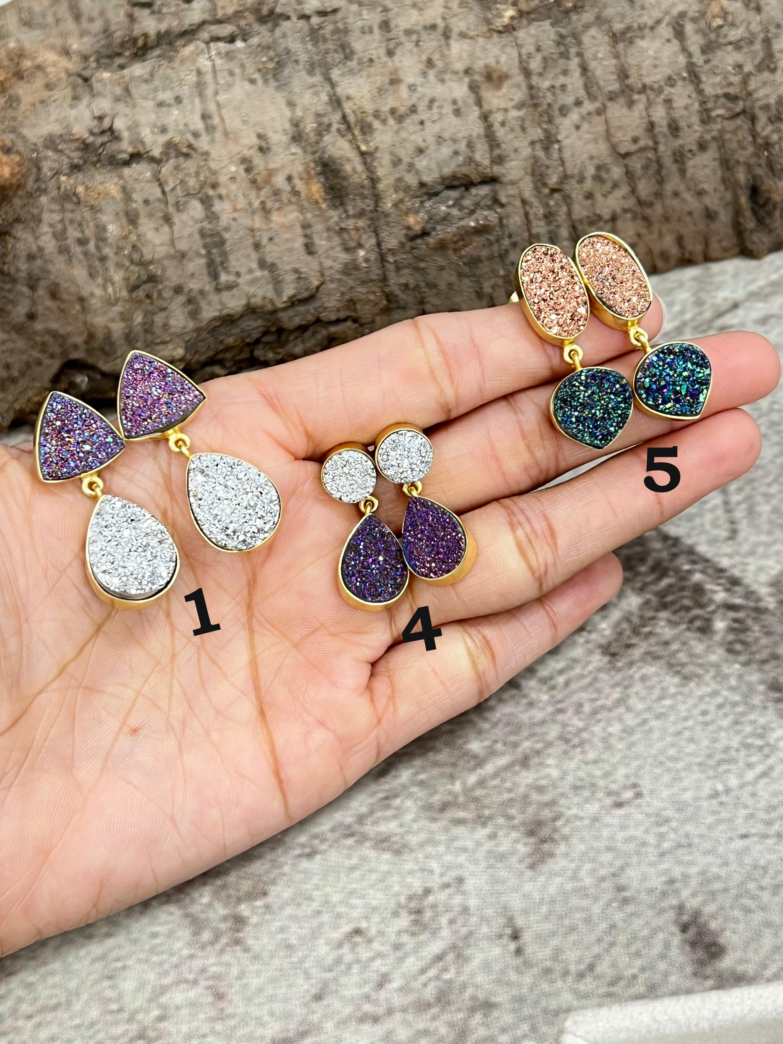 “The Boho Collection” Natural Handmade 2 Stone Druzy Post Dangle Earrings