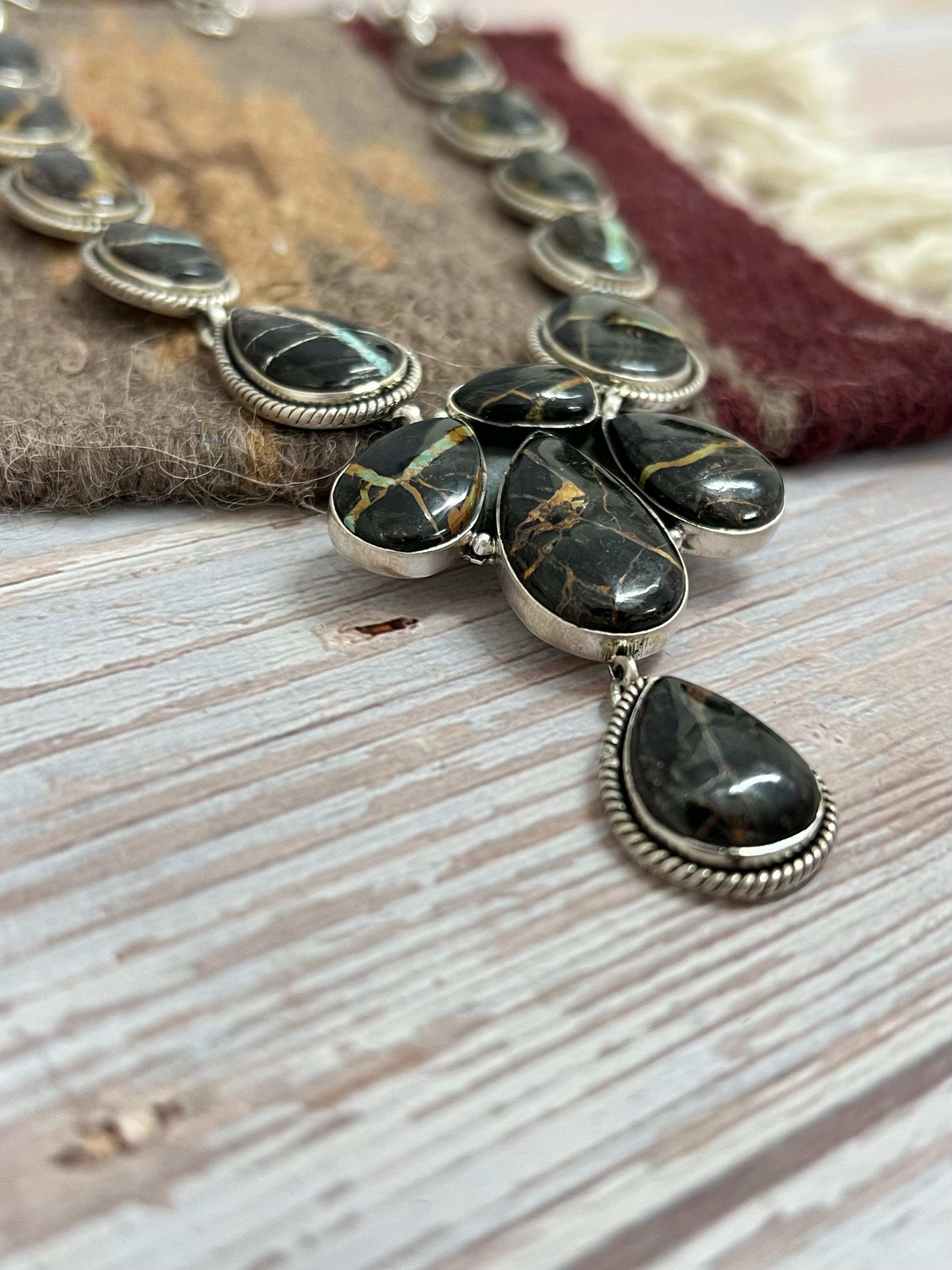 Handmade Sterling Silver Black Jack Necklace with Signed Nizhoni