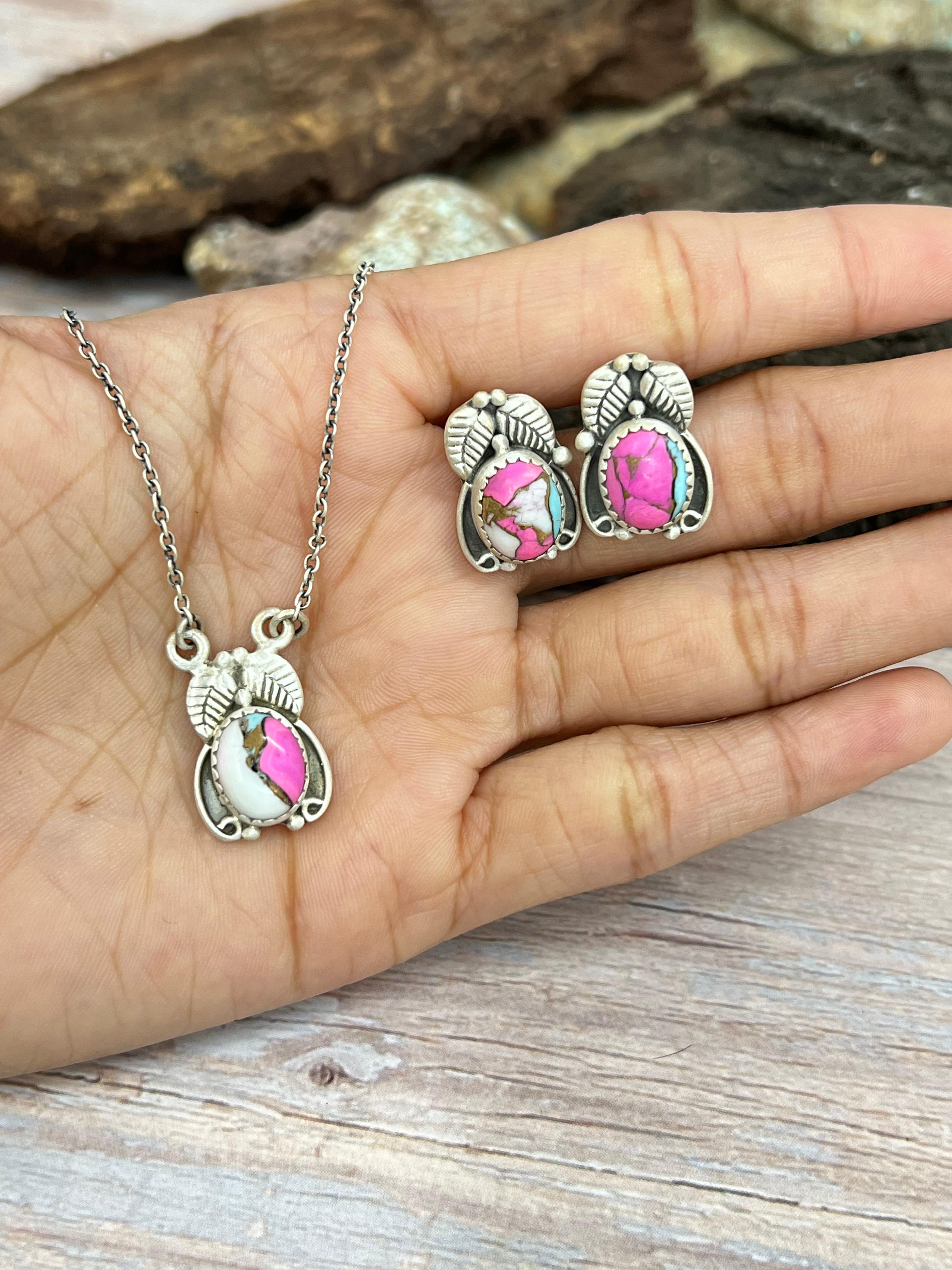 Handmade Sterling Silver Cotton Candy Turquoise Necklace Earrings Set, Signed Nizhoni