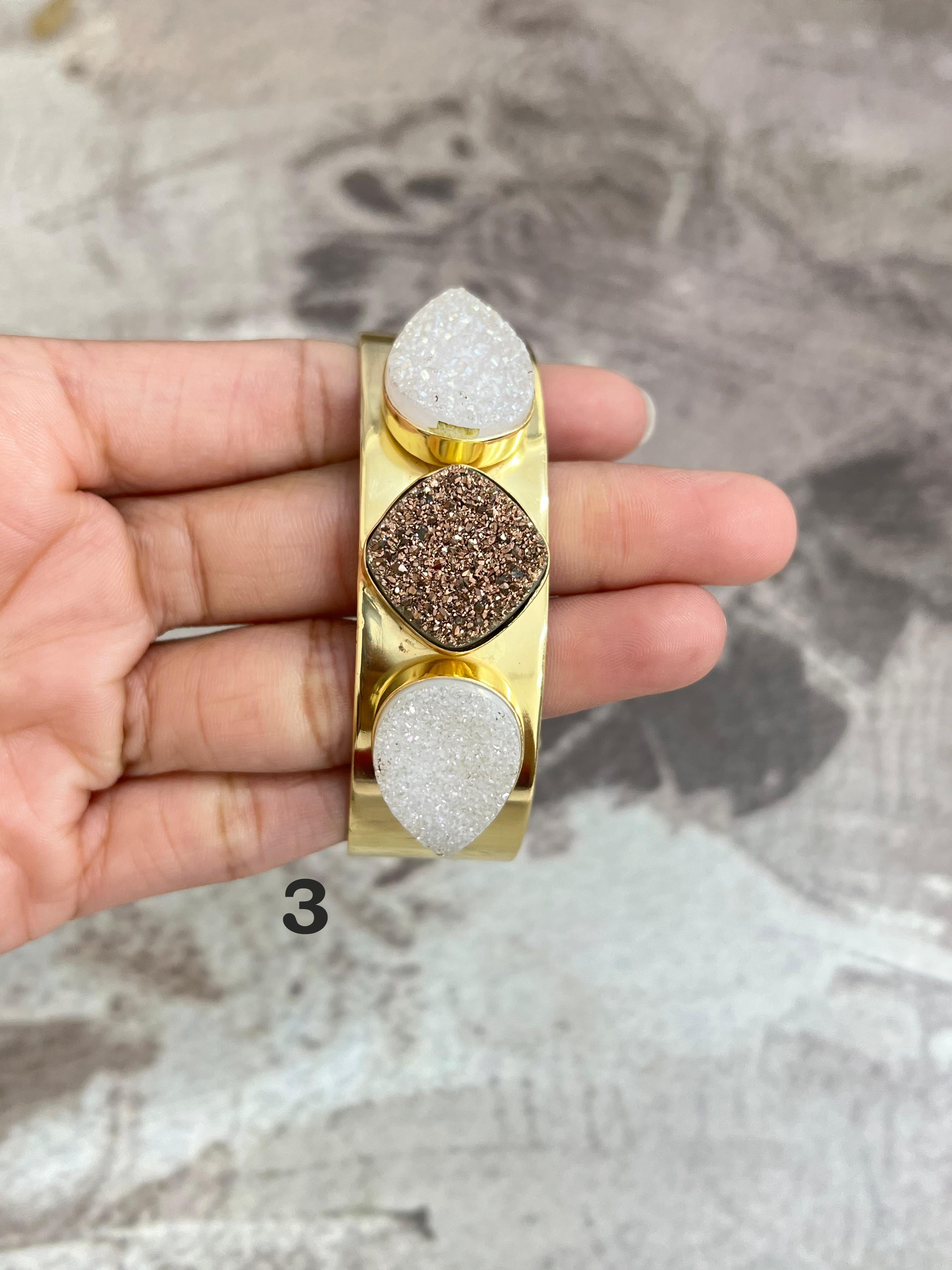 “The Boho Collection” Handmade Natural Gold Plated 3 Stone Druzy Cuff Bracelet