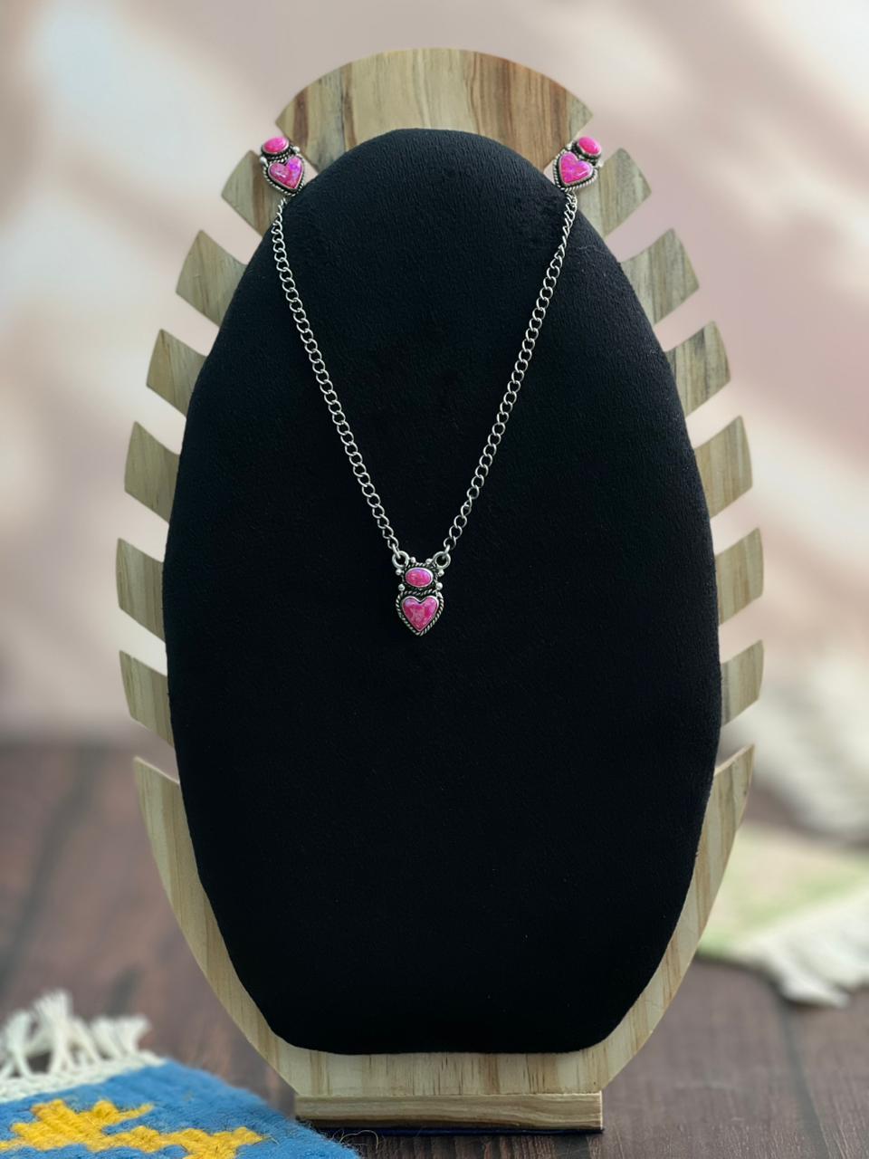 Handmade Sterling Silver Hot Pink Necklace Earrings Set "Signed Nizhoni"
