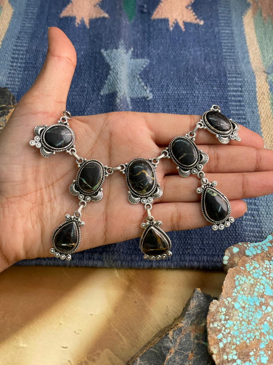 Handmade Sterling Silver Blackjack Turquoise Choker Necklace "Signed Nizhoni"