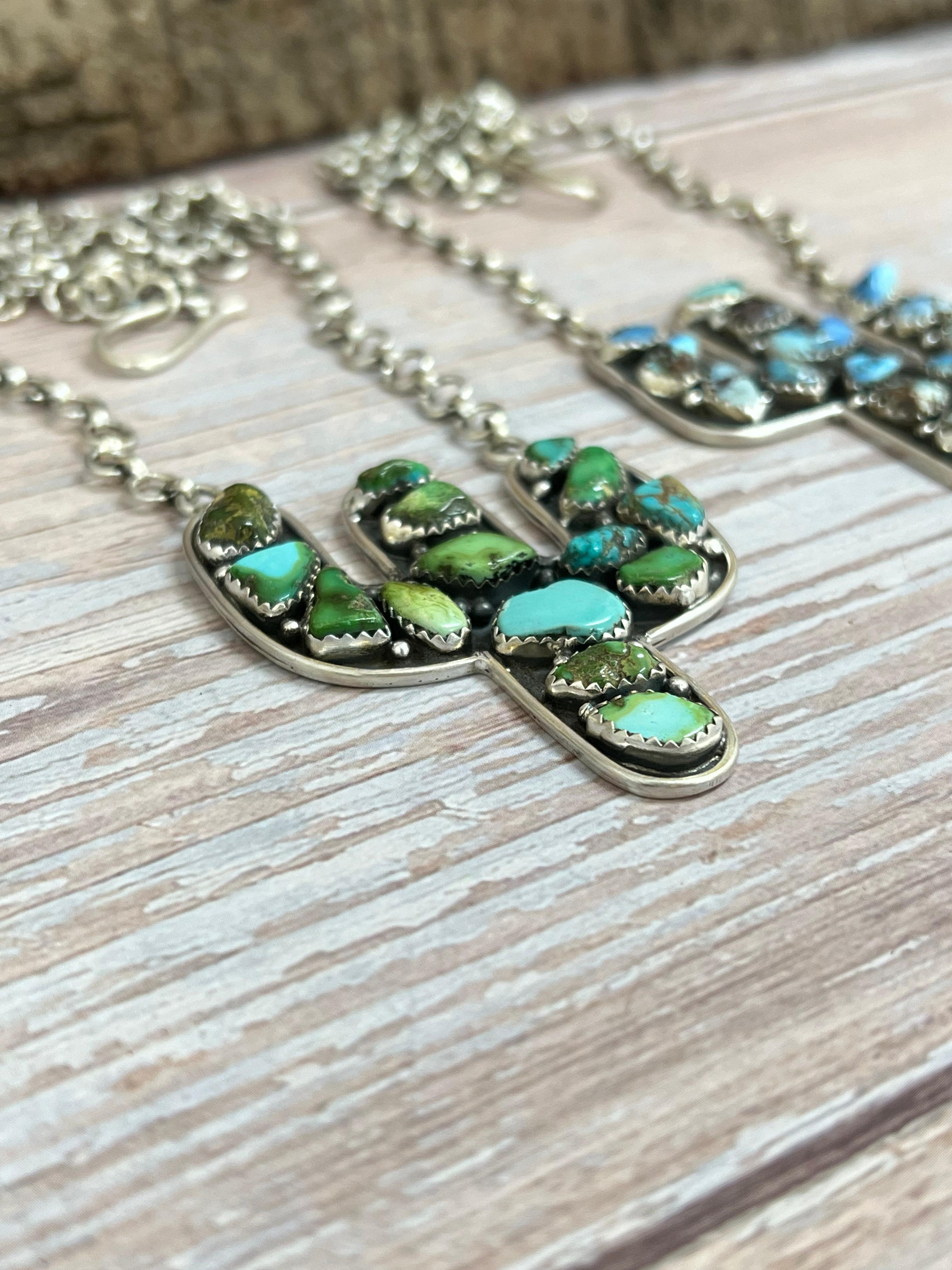 Handmade Sterling Silver Golden Hill Turquoise, Sonoran Cactus Necklace with Signed Nizhoni