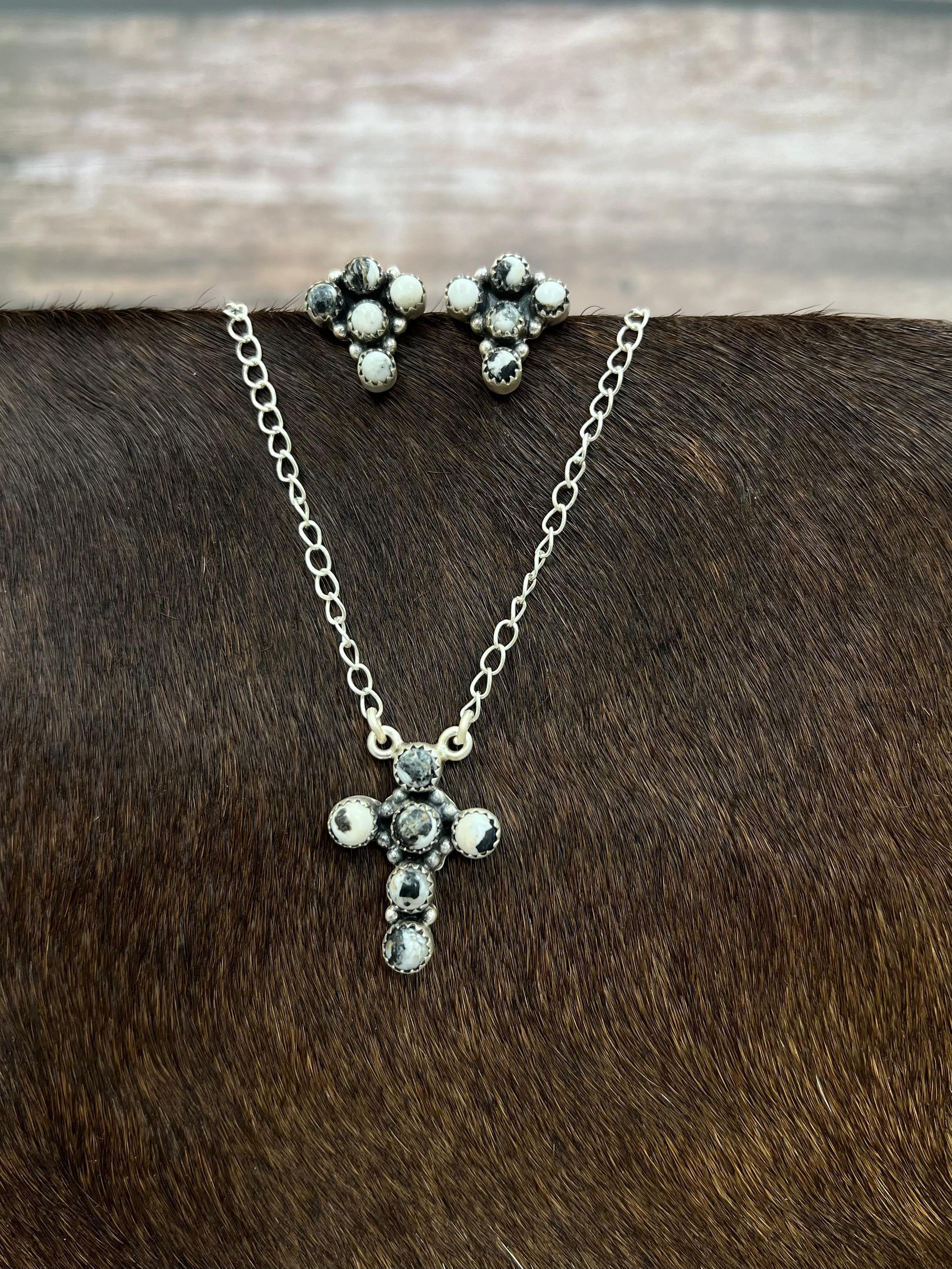 Handmade Sterling Silver White Buffalo Cross Necklace & Earrings Set Signed Nizhoni
