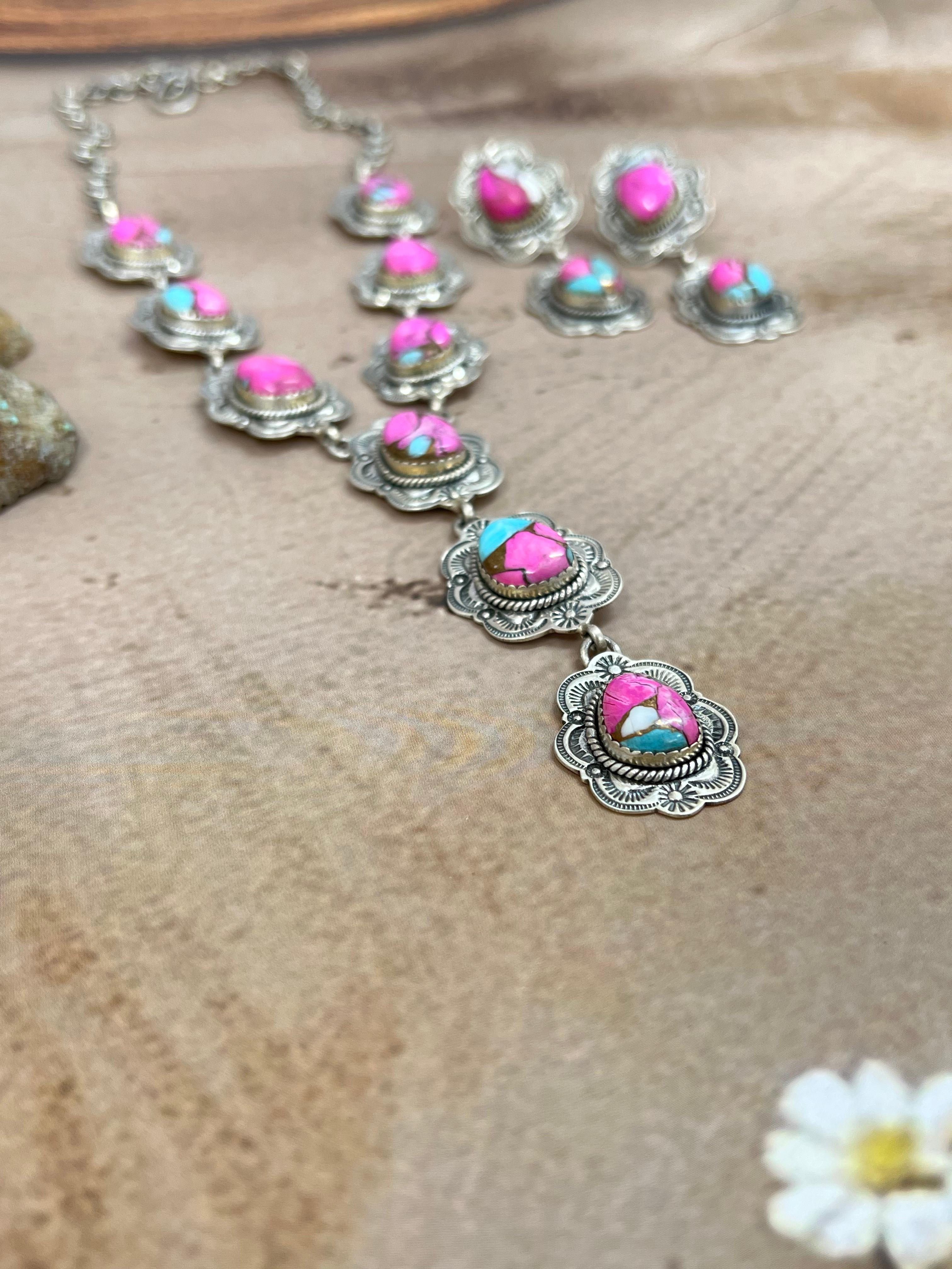 Handmade Sterling Silver Cotton Candy Turquoise Necklace Earrings Set, Signed Nizhoni