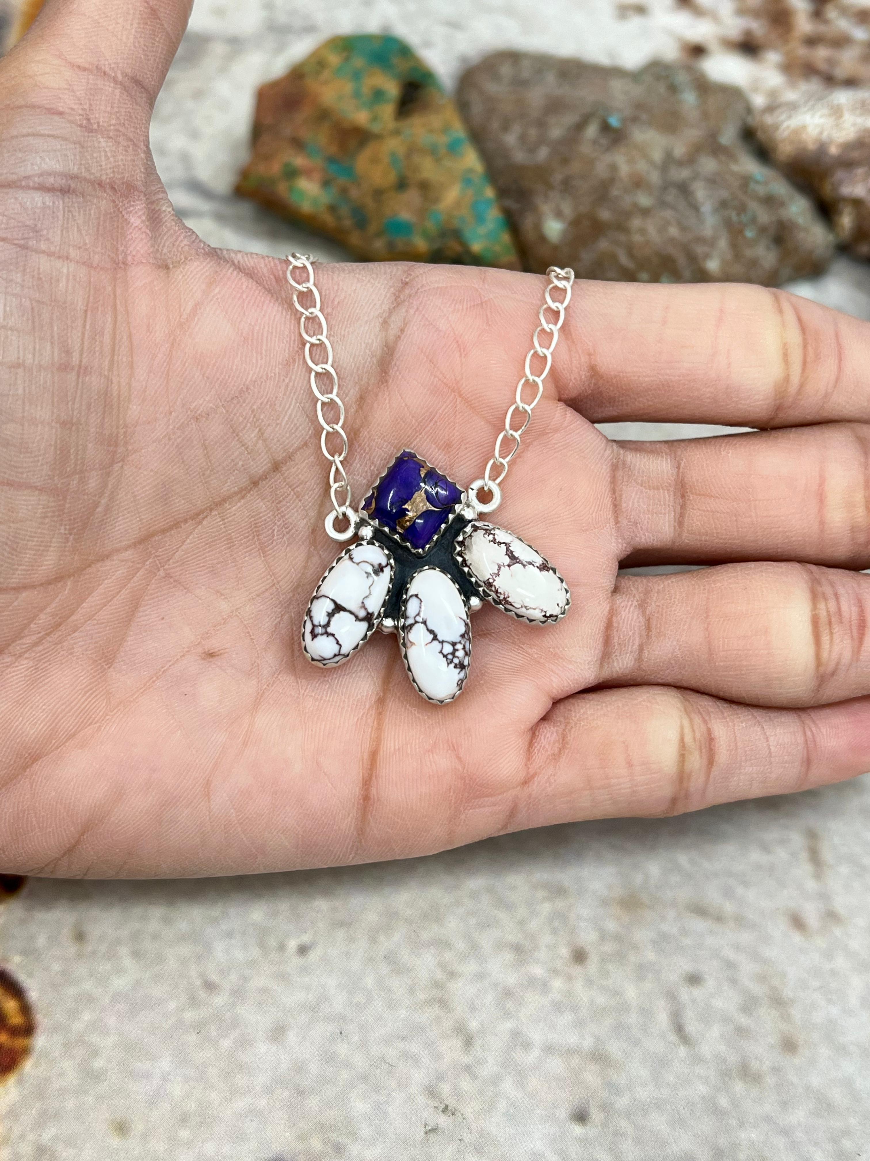 Handmade Sterling Silver Grape Dahlia with Wild Horse Necklace with Signed Nizhoni