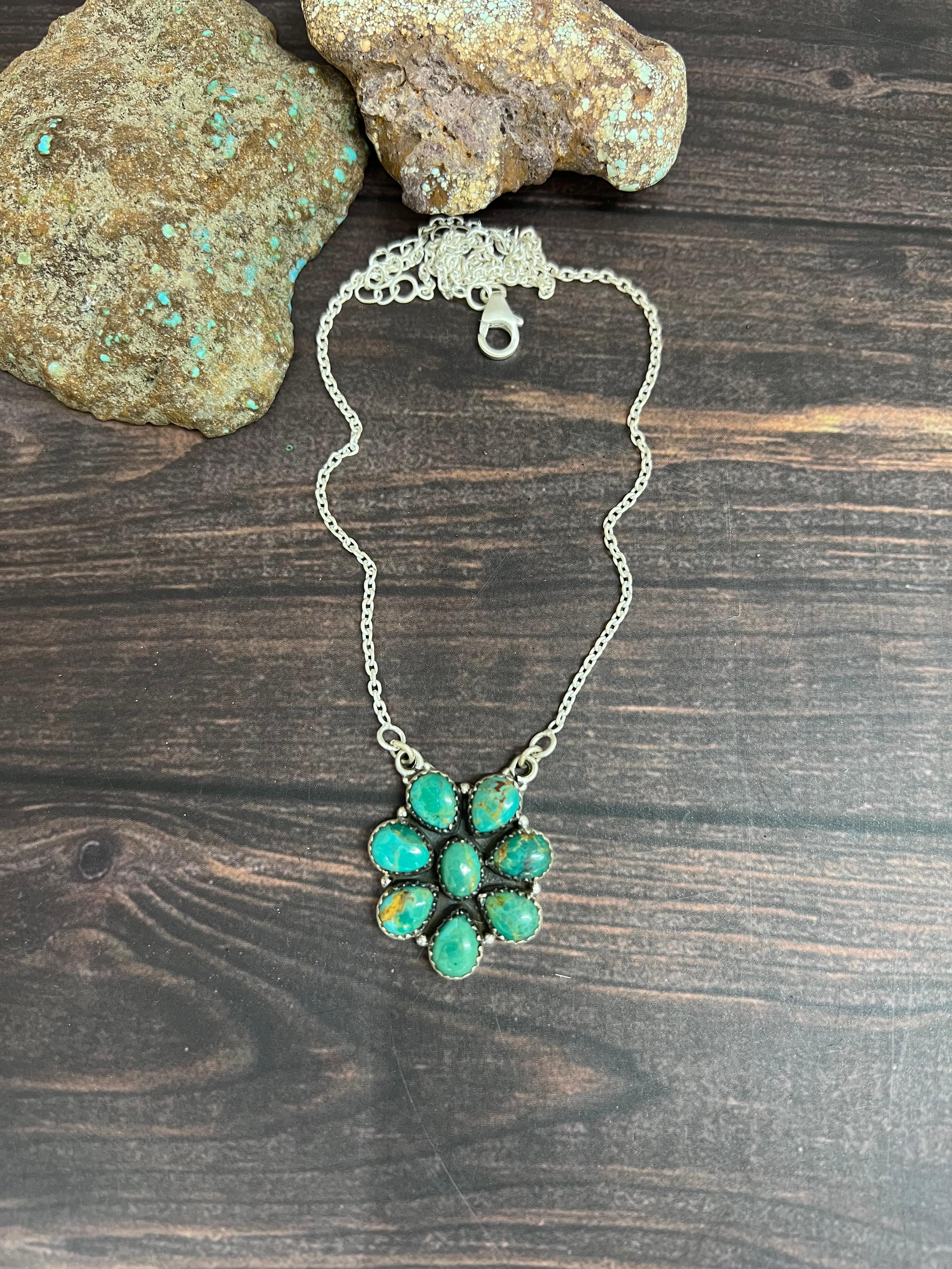 Handmade Sterling Silver Kingman Turquoise Necklace with Signed Nizhoni