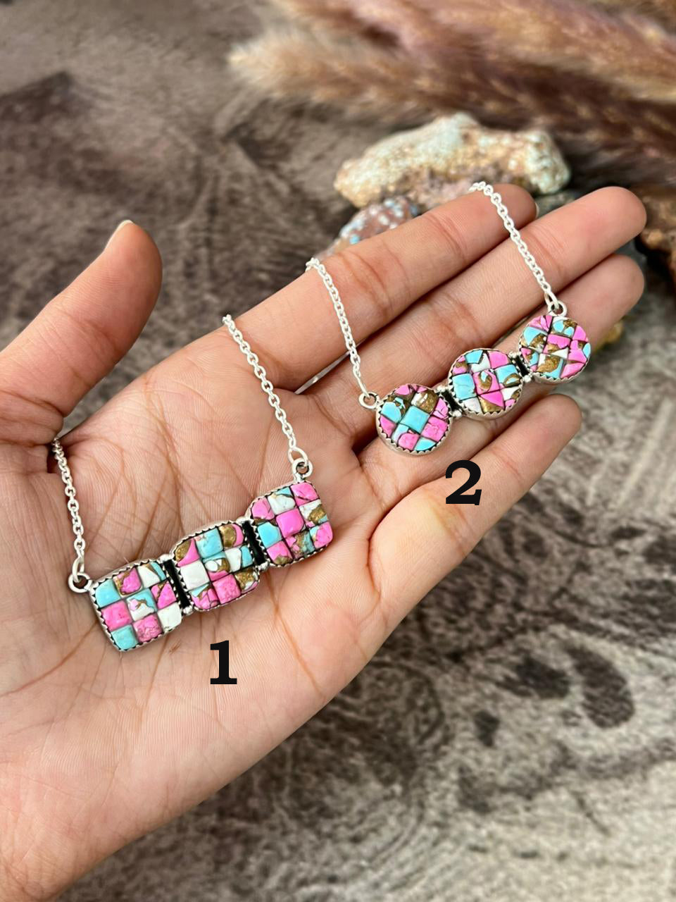 Handmade Sterling Silver Cotton Candy Cobble Stone Necklace "Signed Nizhoni"