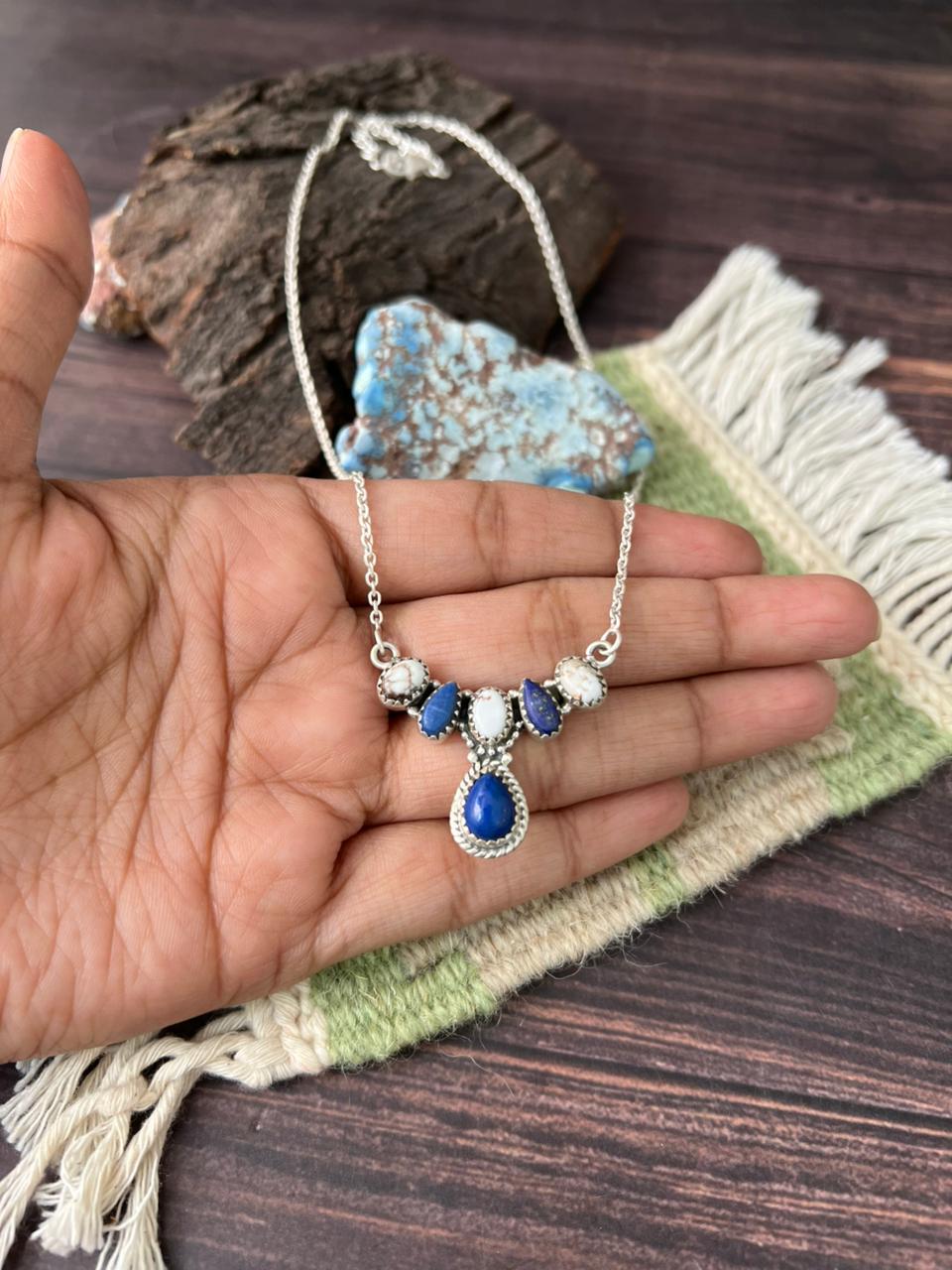 Handmade Sterling Silver Lapis with Wildhorse Magnesite Necklace "Signed Nizhoni"