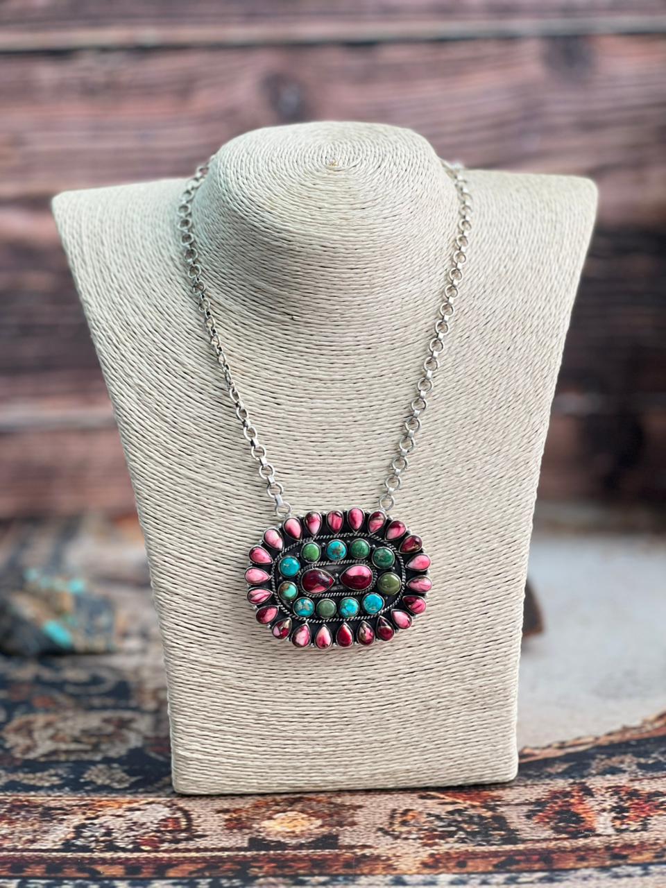 Handmade Sterling Silver Dahlia Rose with Emerald Valley Turquoise Necklace "Signed Nizhoni"