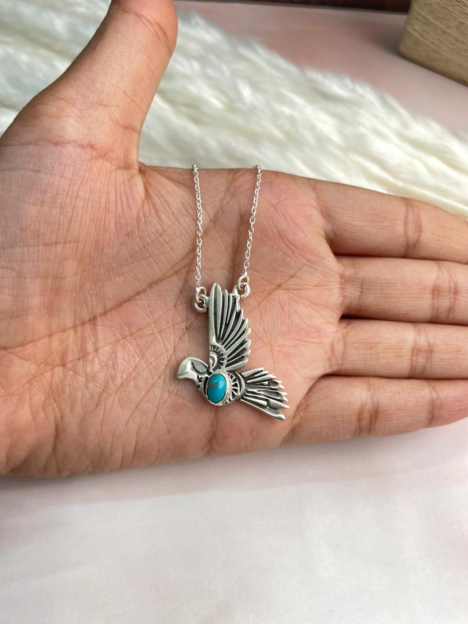Handmade Sterling Silver Kingman Turquoise Thunder Bird Necklace "Signed Nizhoni"