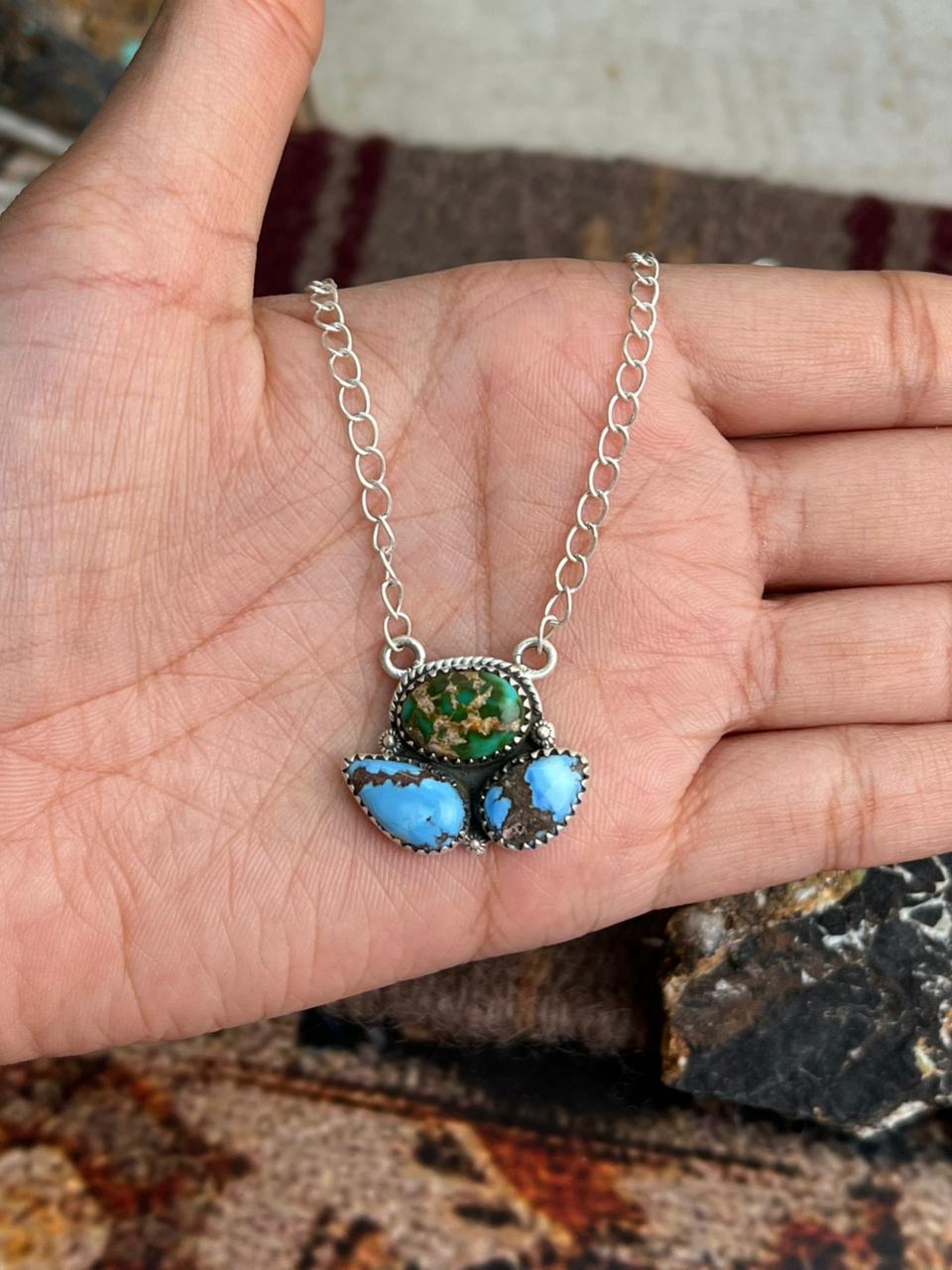 Handmade Sterling Silver Golden Hills Turquoise with Sonoran Mountain Turquoise Necklace "Signed Nizhoni"