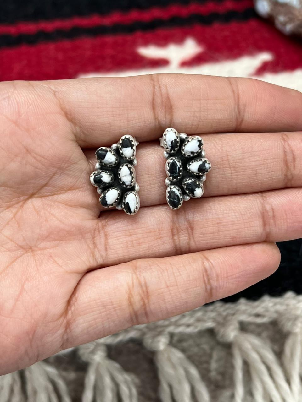 Handmade Sterling Silver White Buffalo with Red Opal Studs Earrings "Signed Nizhoni"