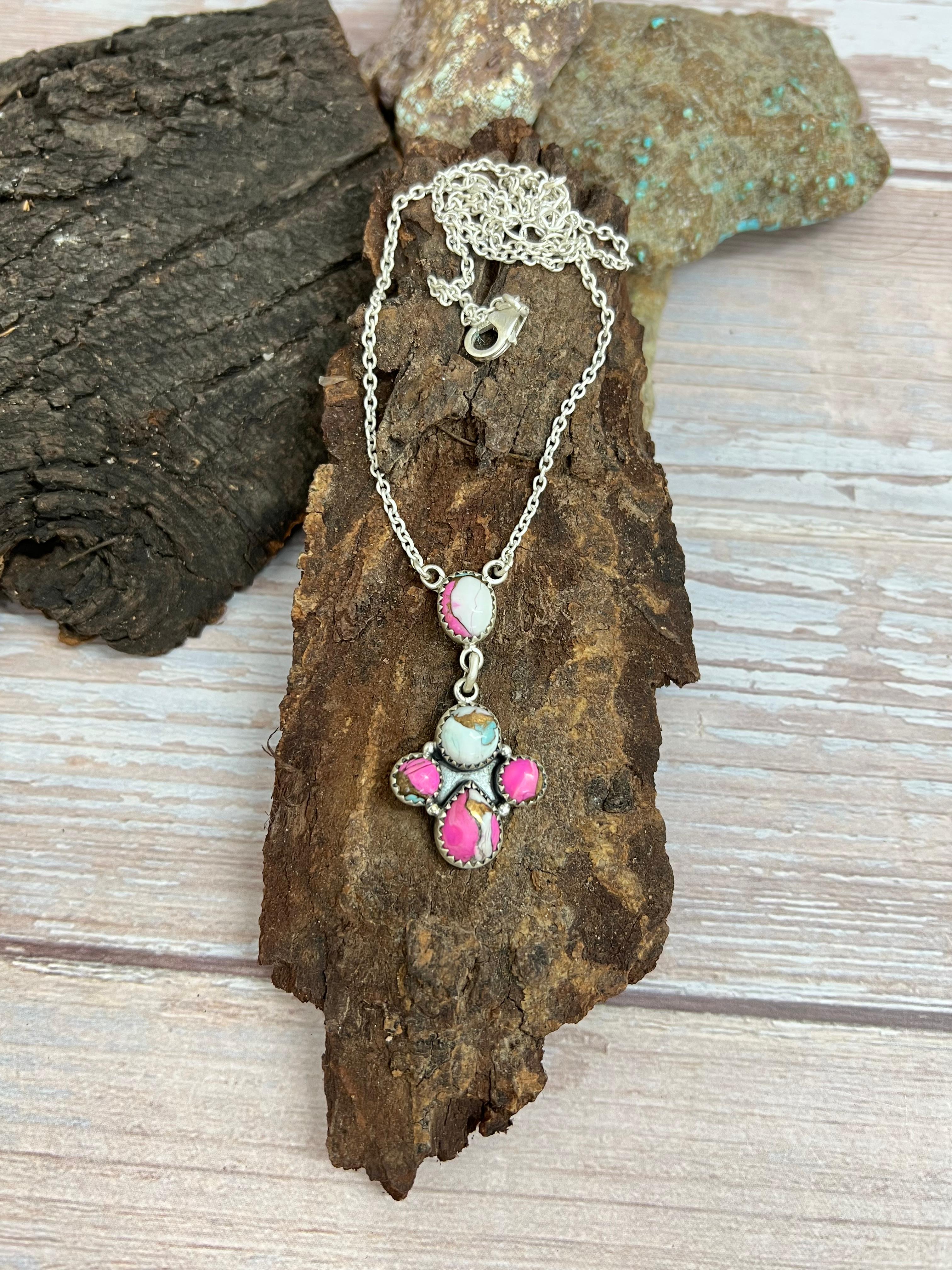 Handmade Sterling Silver Cotton Candy Turquoise Necklace with Signed Nizhoni