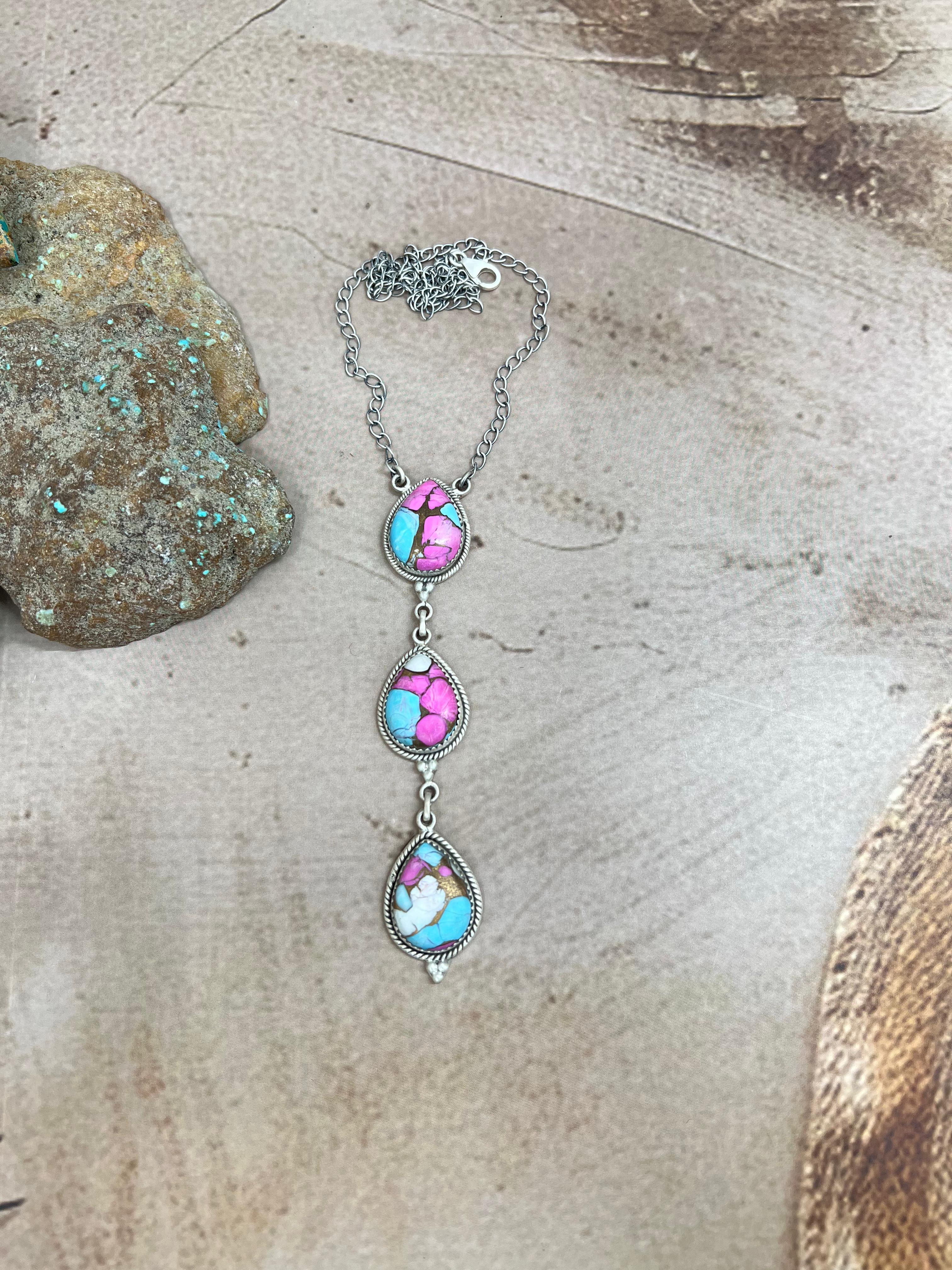 Handmade Sterling Silver Cotton Candy Turquoise Necklace with Signed Nizhoni