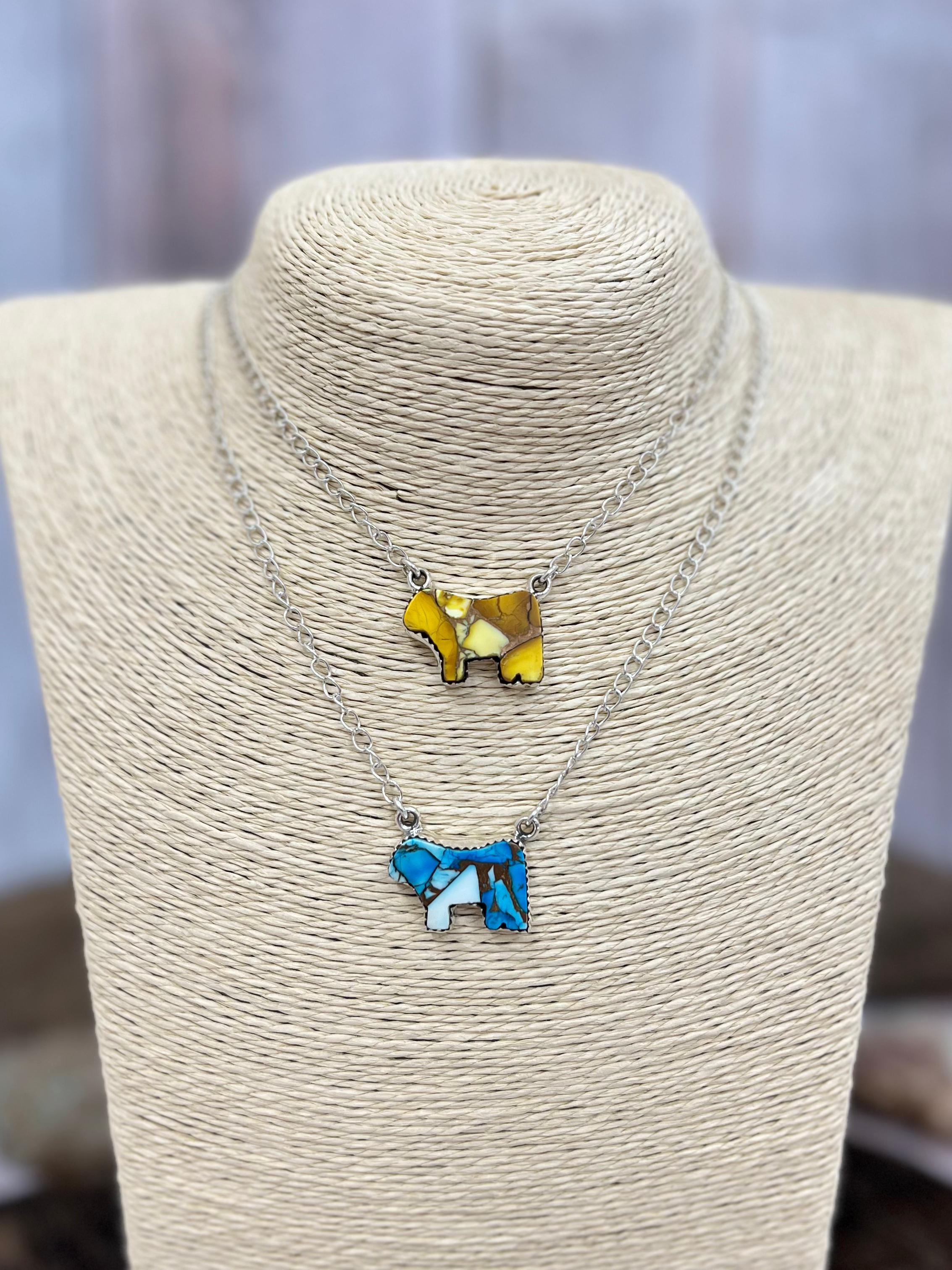 Handmade Sterling Silver Honey Dahlia, Blue Ice Rose Dahlia Bull Necklace with Signed Nizhoni