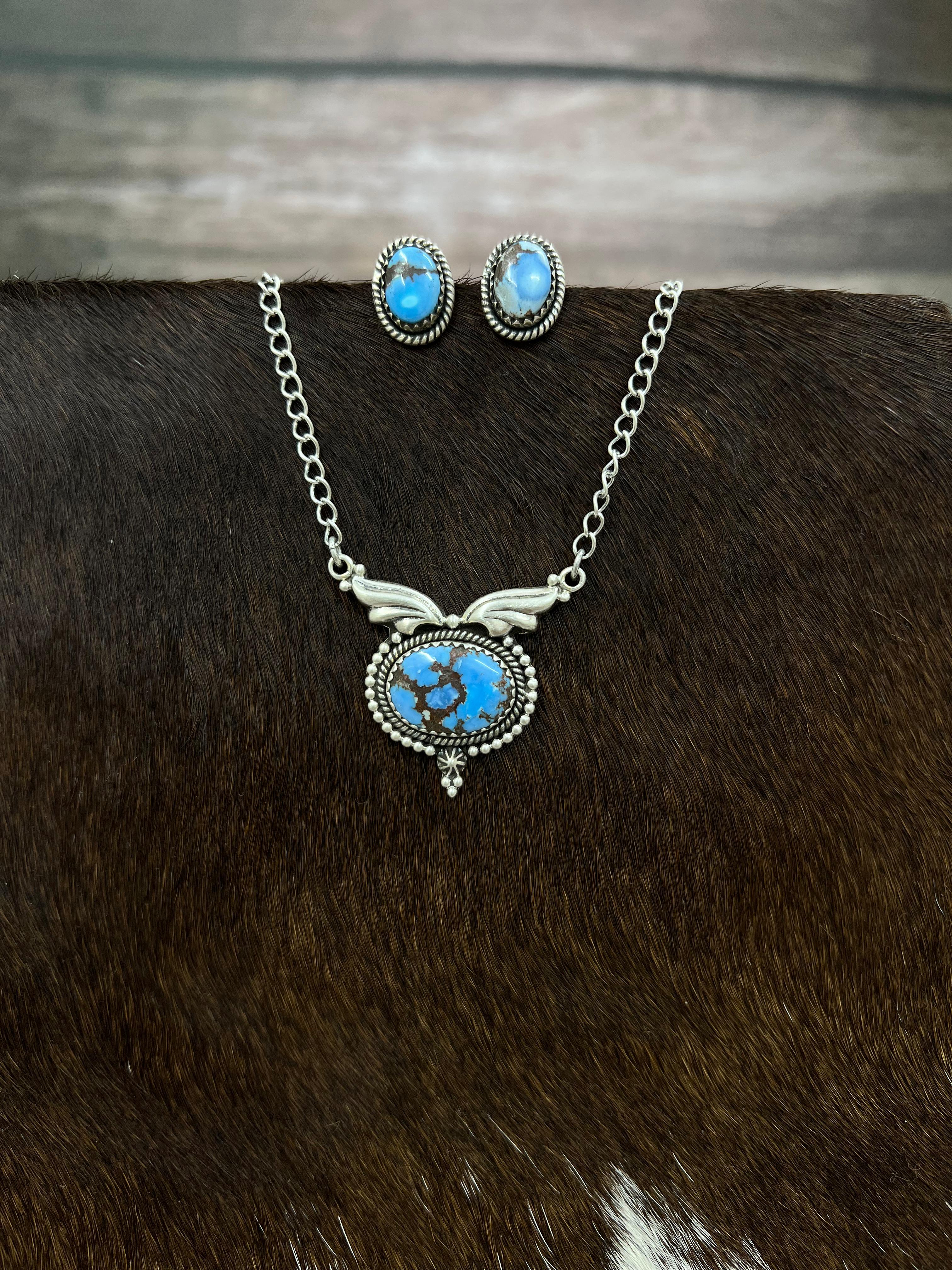 Handmade Sterling Silver Golden Hills Turquoise Necklace Earrings Set with Signed Nizhoni