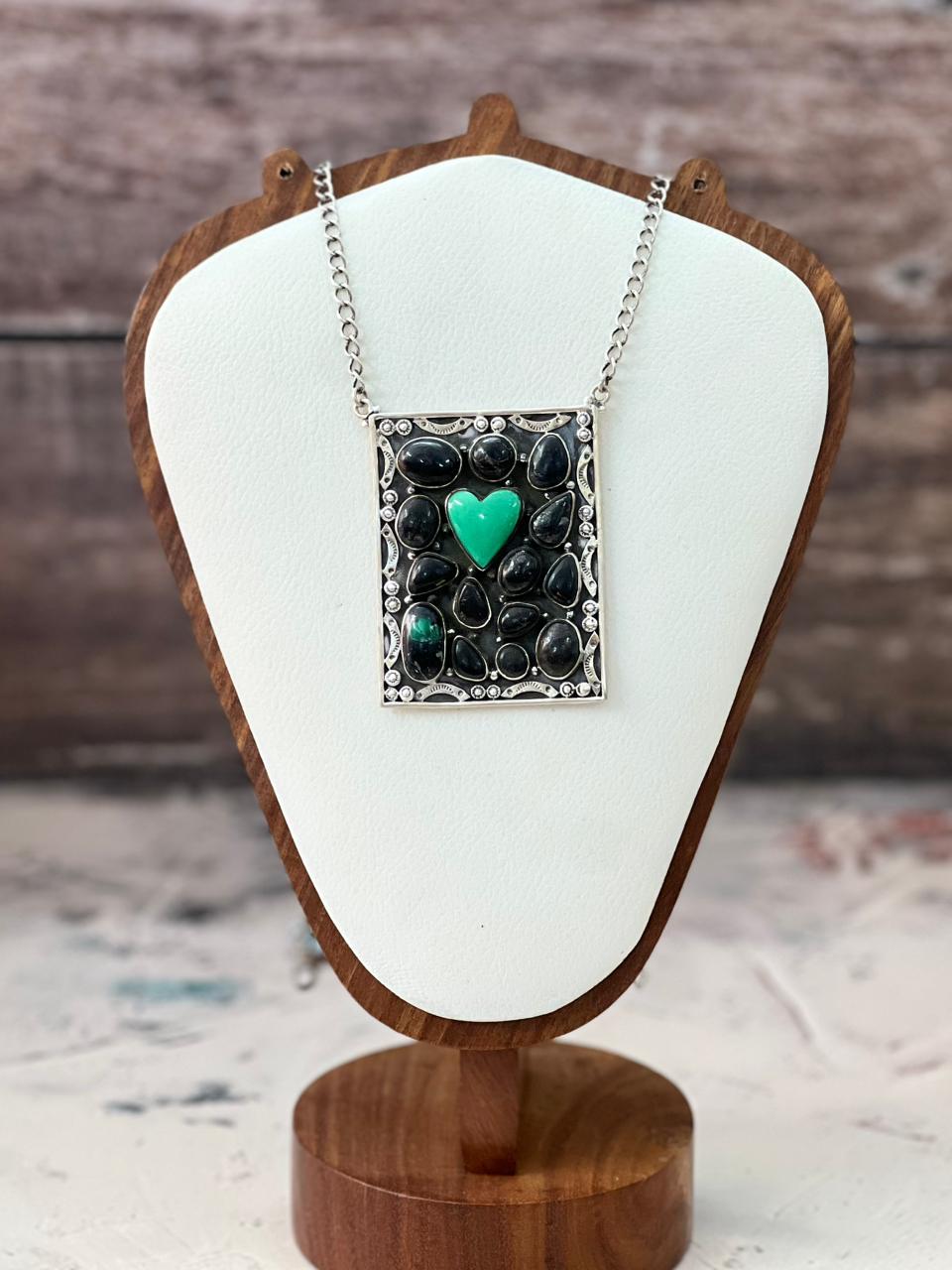 Handmade Sterling Silver Emerald Rose Necklace "Signed Nizhoni"