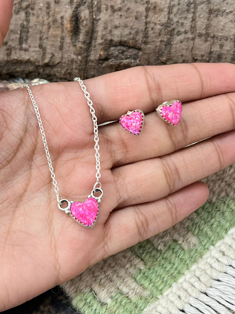 Handmade Sterling Silver Hot Pink Heart Necklace Earrings Set "Signed Nizhoni"