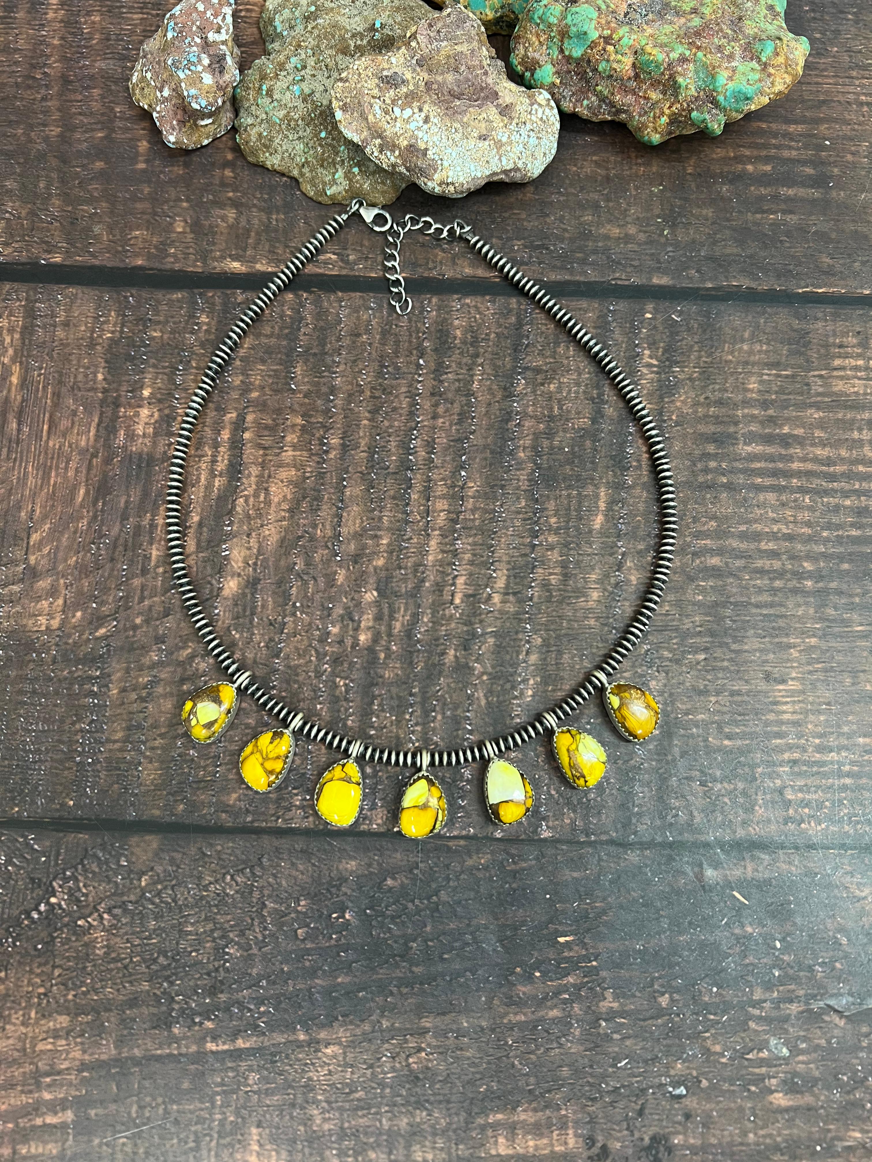 Handmade Sterling Silver Honey Dahlia Beaded Necklace with Signed Nizhoni