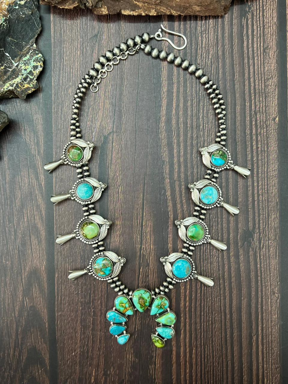 Handmade Sterling Silver Beaded Sonoran with White Water Squash Blossom Necklace "Signed Nizhoni"