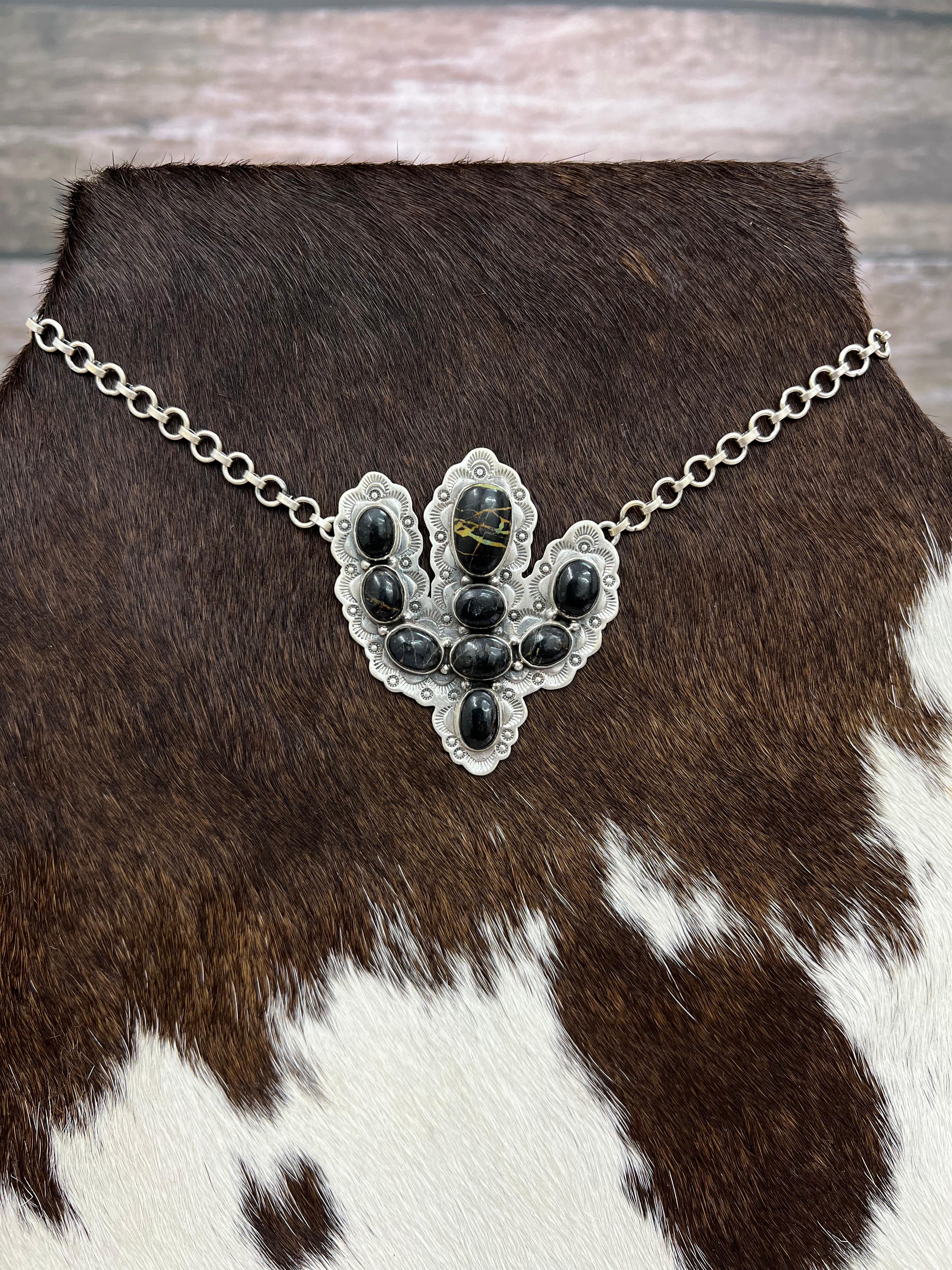 Handmade Sterling Silver Blackjack Turquoise Cactus Necklace with Signed Nizhoni